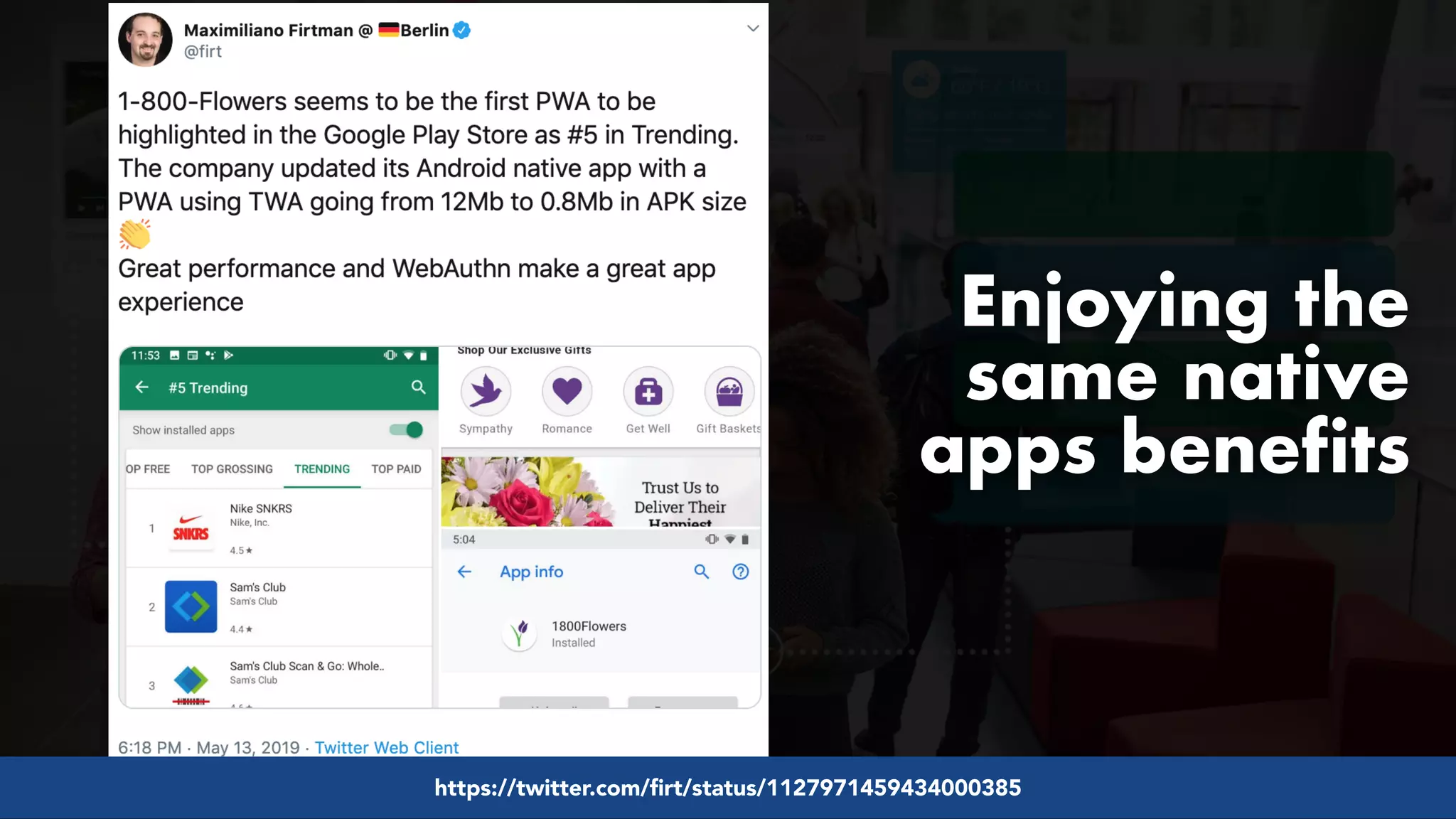#pwaseo by @aleyda from #orainti at @digitaleliteday!
https://twitter.com/firt/status/1127971459434000385
Enjoying the
same native
apps benefits
 