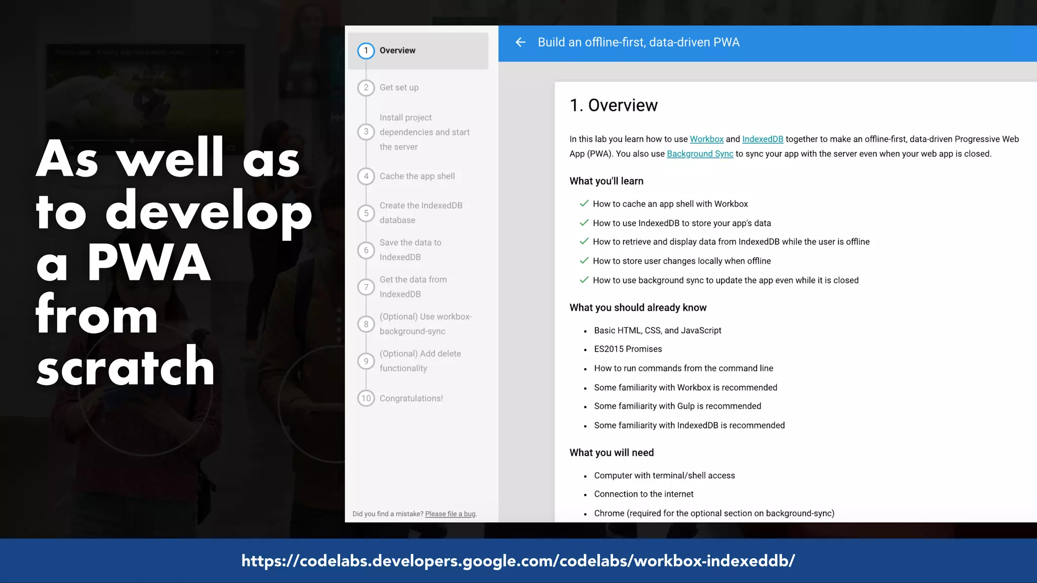 #pwaseo by @aleyda from #orainti at @digitaleliteday!
As well as
to develop
a PWA
from
scratch
https://codelabs.developers.google.com/codelabs/workbox-indexeddb/
 