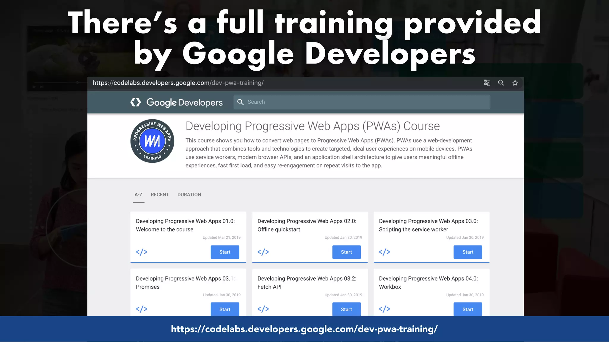 #pwaseo by @aleyda from #orainti at @digitaleliteday!
https://codelabs.developers.google.com/codelabs/amp-pwa-workbox/
There’s a full training provided  
by Google Developers
https://codelabs.developers.google.com/dev-pwa-training/
 