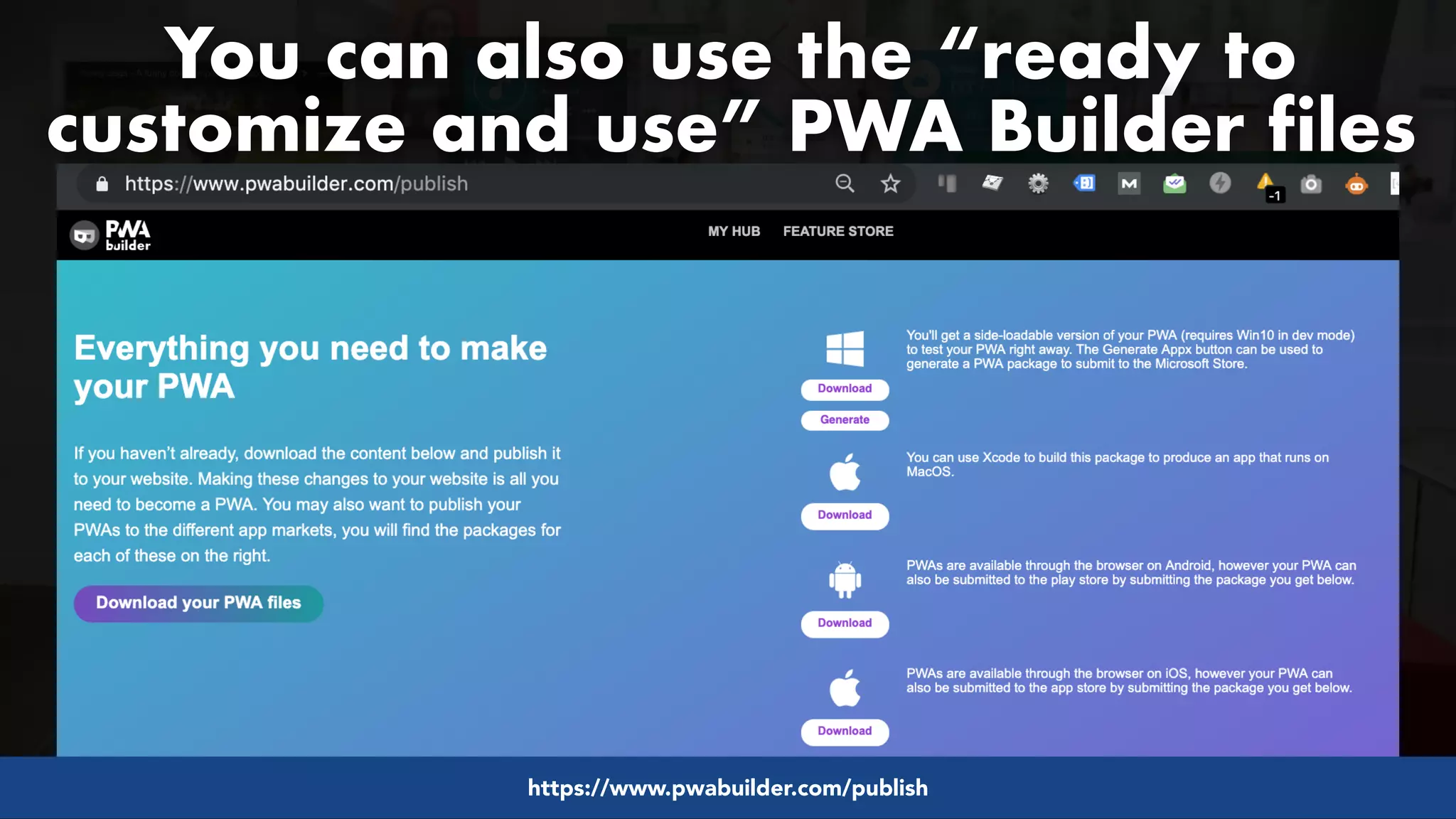 #pwaseo by @aleyda from #orainti at @digitaleliteday!
You can also use the “ready to
customize and use” PWA Builder files
https://www.pwabuilder.com/publish
 