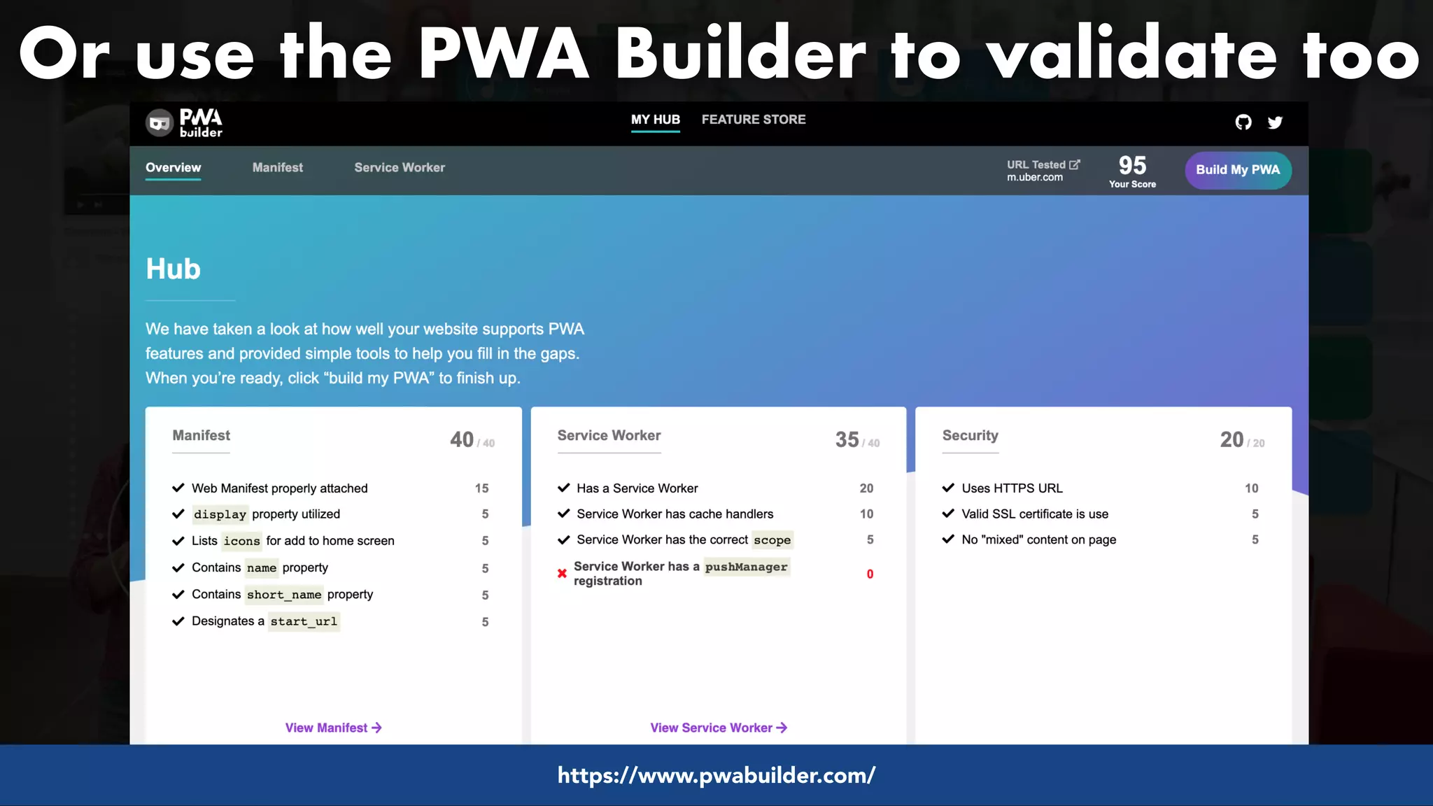 #pwaseo by @aleyda from #orainti at @digitaleliteday!
Or use the PWA Builder to validate too 
https://www.pwabuilder.com/
 