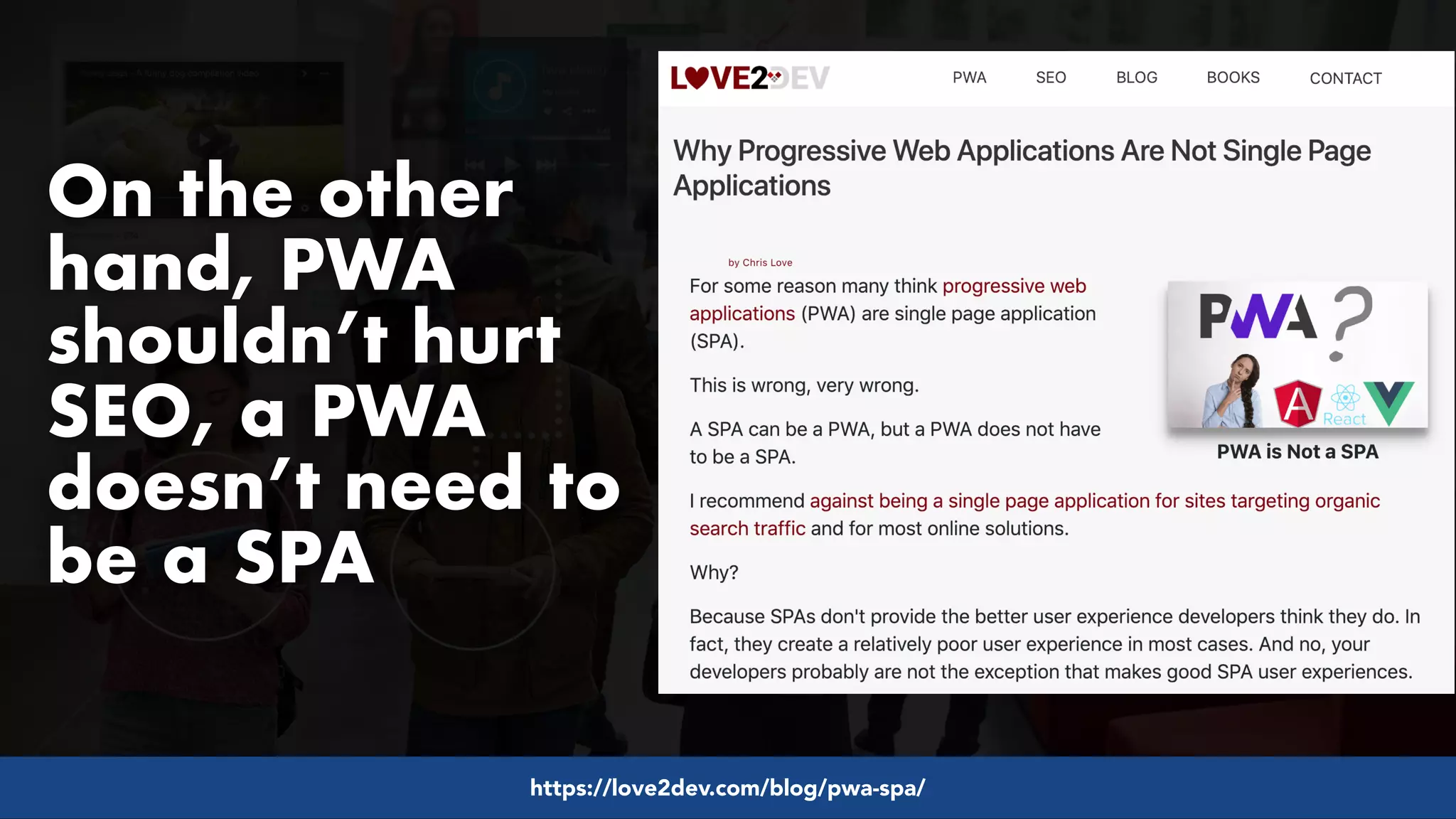 #pwaseo by @aleyda from #orainti at @digitaleliteday!
On the other
hand, PWA
shouldn’t hurt
SEO, a PWA
doesn’t need to
be a SPA
https://love2dev.com/blog/pwa-spa/
 