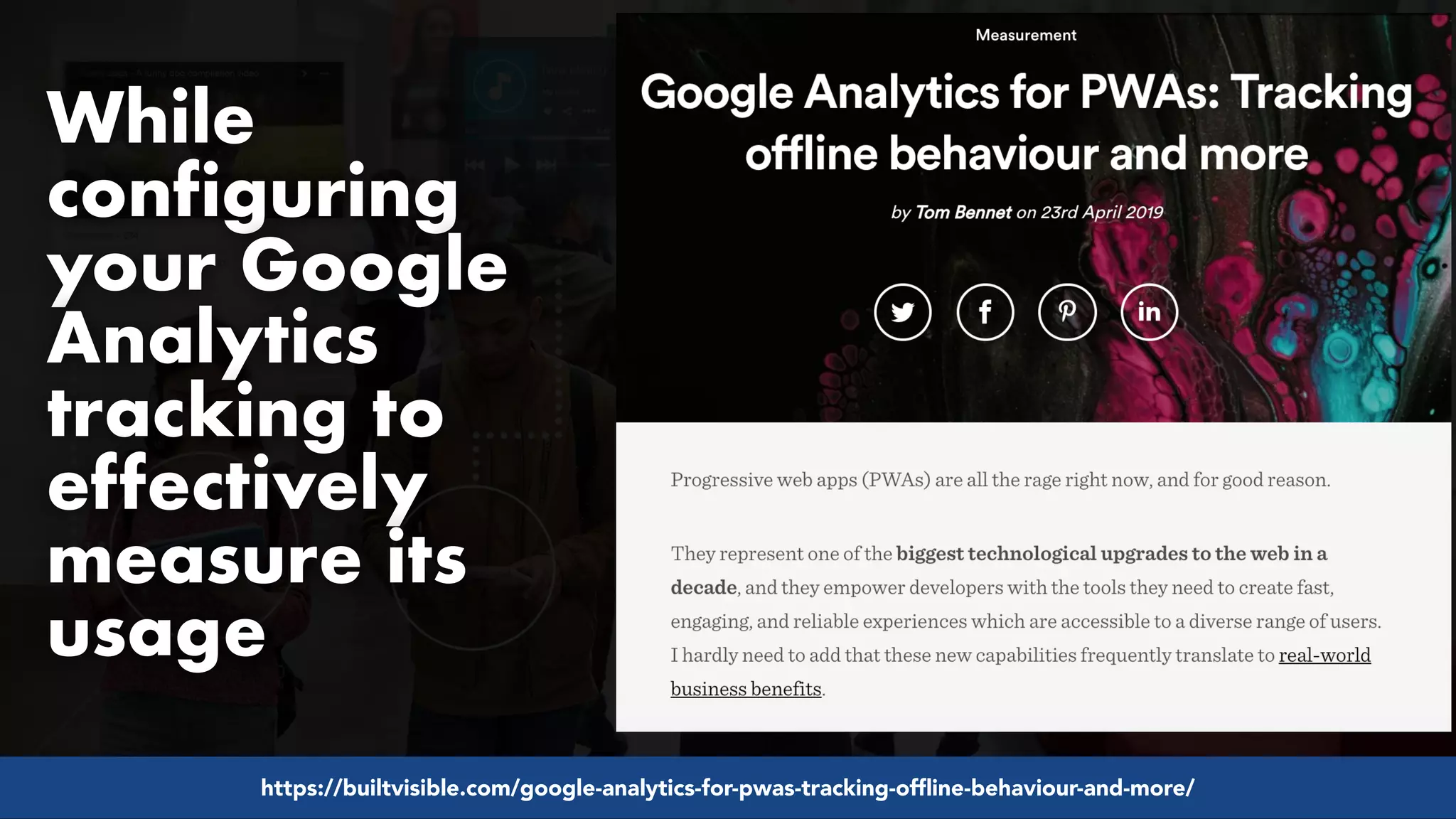 #pwaseo by @aleyda from #orainti at @digitaleliteday!
While
configuring
your Google
Analytics
tracking to
effectively
measure its
usage
https://builtvisible.com/google-analytics-for-pwas-tracking-offline-behaviour-and-more/
 