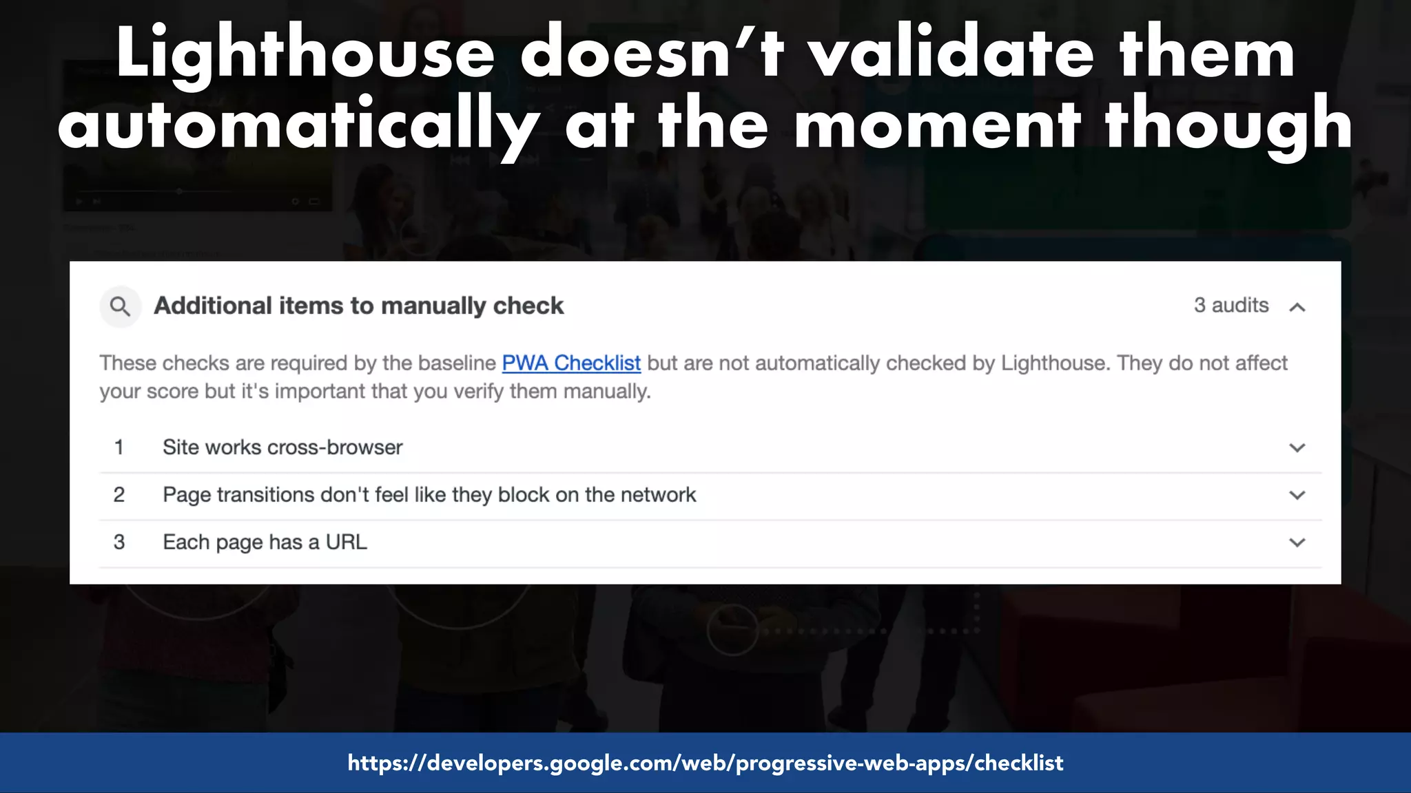#pwaseo by @aleyda from #orainti at @digitaleliteday!
Lighthouse doesn’t validate them
automatically at the moment though
https://developers.google.com/web/progressive-web-apps/checklist
 