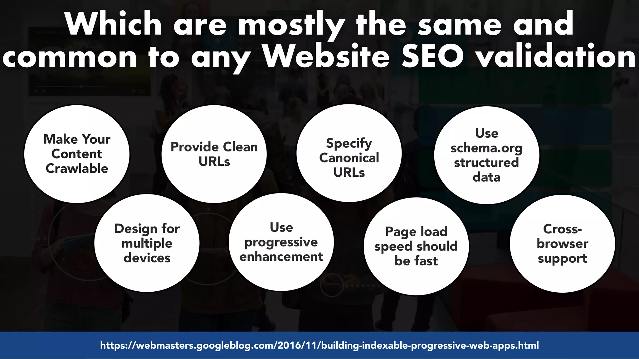 #pwaseo by @aleyda from #orainti at @digitaleliteday!
Which are mostly the same and
common to any Website SEO validation
Make Your
Content
Crawlable
Design for
multiple
devices
Provide Clean
URLs
Use
progressive
enhancement
Specify
Canonical
URLs
Page load
speed should
be fast
Use
schema.org
structured
data
Cross-
browser
support
https://webmasters.googleblog.com/2016/11/building-indexable-progressive-web-apps.html
 