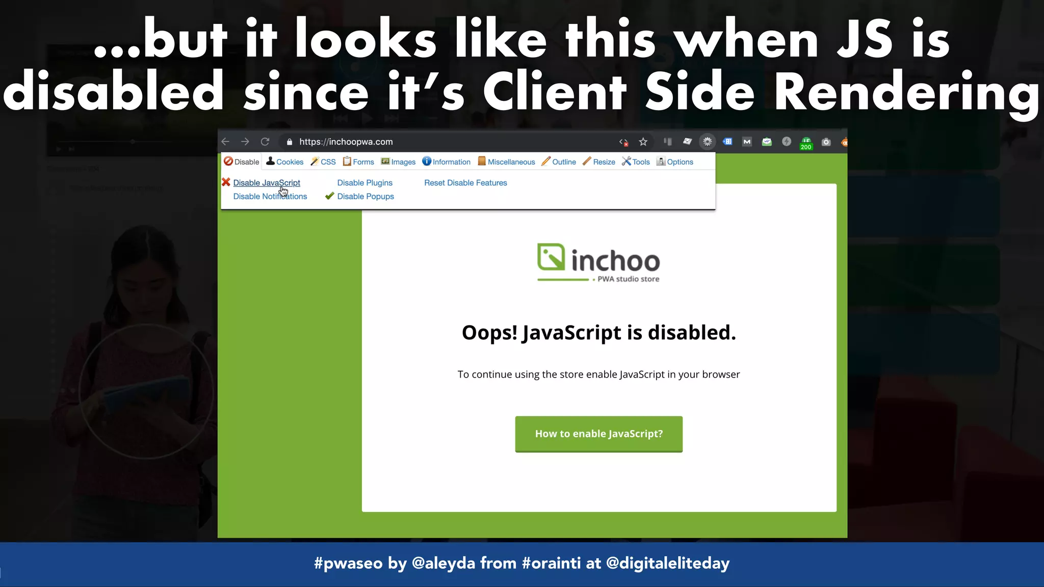 #pwaseo by @aleyda from #orainti at @digitaleliteday!
…but it looks like this when JS is
disabled since it’s Client Side Rendering
 
