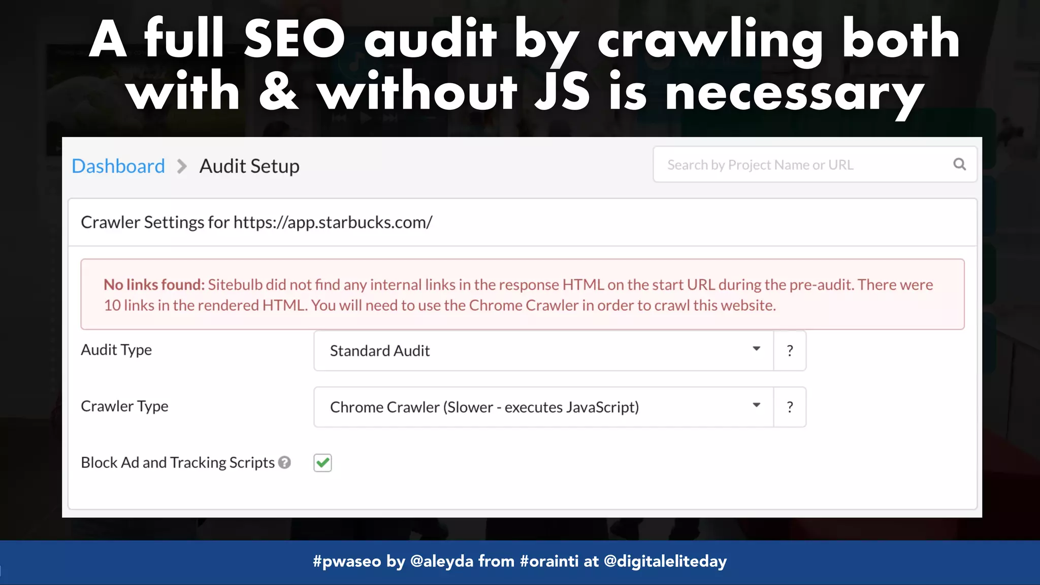#pwaseo by @aleyda from #orainti at @digitaleliteday!
A full SEO audit by crawling both  
with & without JS is necessary
 
