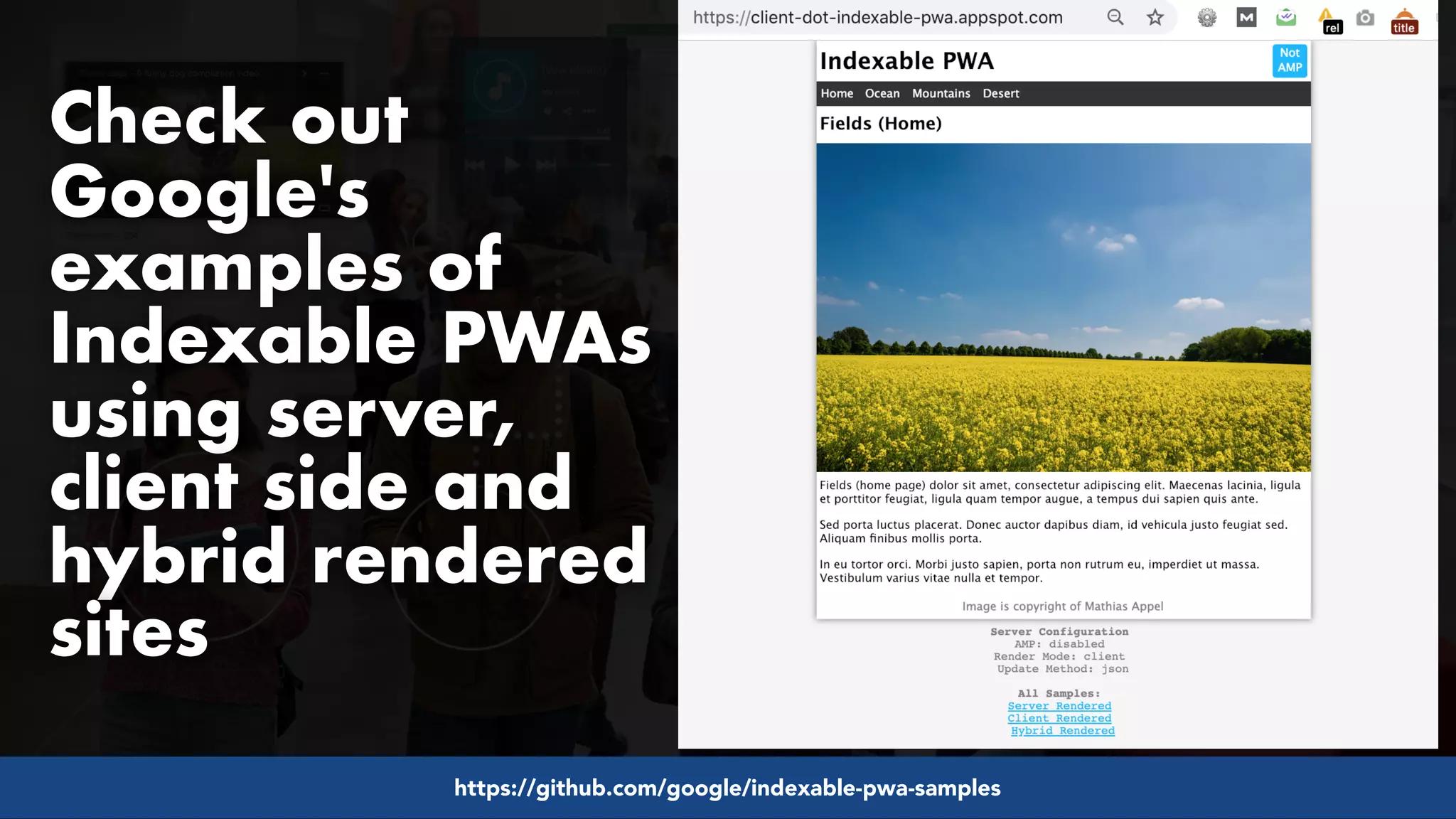 #pwaseo by @aleyda from #orainti at @digitaleliteday!
Check out
Google's
examples of
Indexable PWAs
using server,
client side and
hybrid rendered
sites
https://github.com/google/indexable-pwa-samples
 