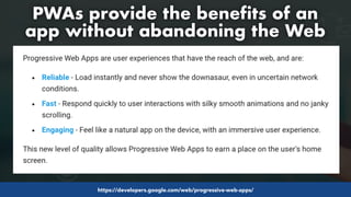 #pwaseo by @aleyda from #orainti at #searchy
PWAs provide the benefits of an
app without abandoning the Web
https://developers.google.com/web/progressive-web-apps/
 