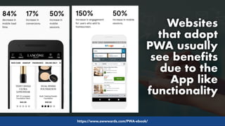 #pwaseo by @aleyda from #orainti at #searchy
Websites
that adopt
PWA usually
see benefits
due to the
App like
functionalit...