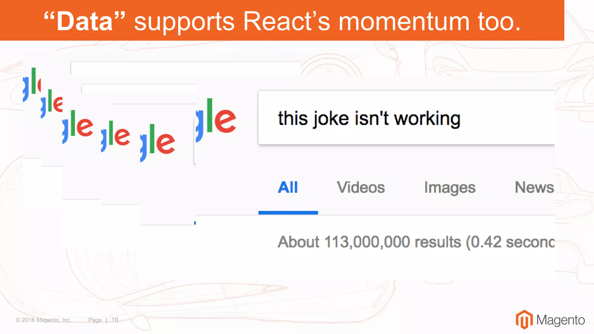 © 2018 Magento, Inc. Page | 16
“Data” supports React’s momentum too.
 