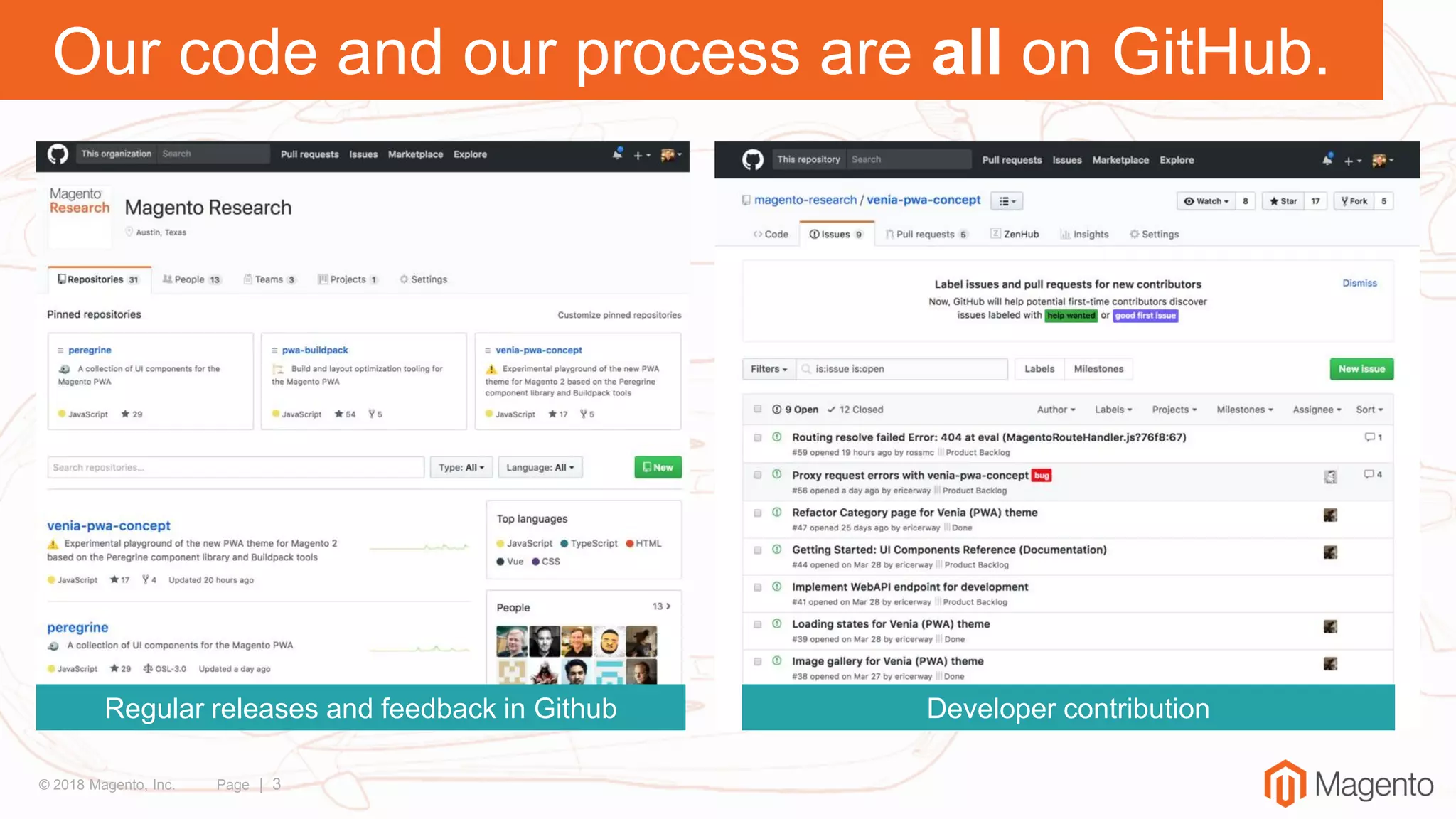 © 2018 Magento, Inc. Page | 3
Developer contributionRegular releases and feedback in Github
Our code and our process are all on GitHub.
 
