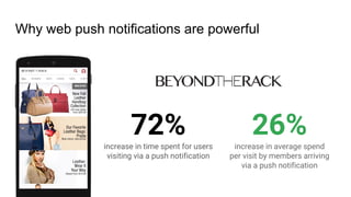 Why web push notifications are powerful
26%increase in average spend
per visit by members arriving
via a push notification
72%increase in time spent for users
visiting via a push notification
 