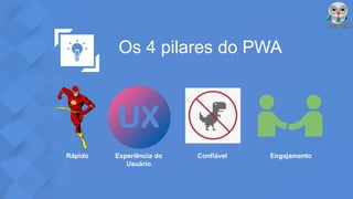 Os 4 pilares do PWA
Rápido Experiência do
Usuário
Confiável Engajamento
 