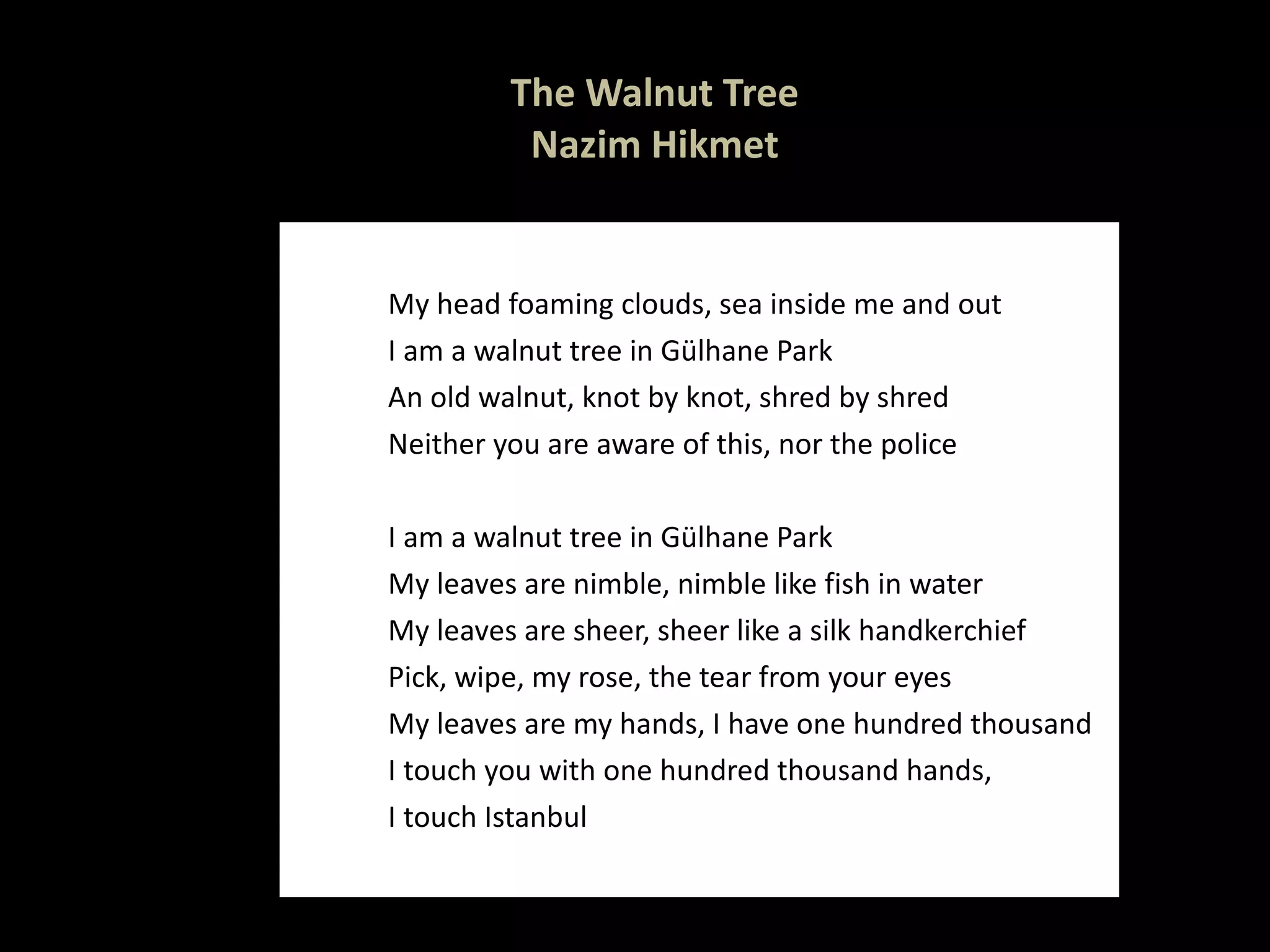 The Walnut Tree Nazim Hikmet My head foaming clouds, sea inside me and out I am a walnut tree in Gülhane Park An old walnut, knot by knot, shred by shred Neither you are aware of this, nor the police  I am a walnut tree in Gülhane Park My leaves are nimble, nimble like fish in water My leaves are sheer, sheer like a silk handkerchief Pick, wipe, my rose, the tear from your eyes My leaves are my hands, I have one hundred thousand I touch you with one hundred thousand hands,  I touch Istanbul 
