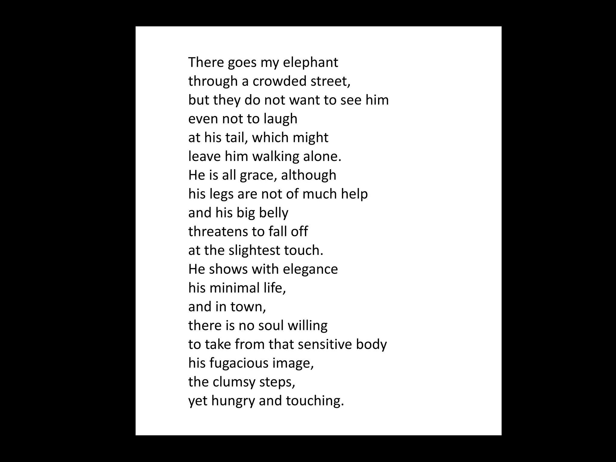 There goes my elephant through a crowded street, but they do not want to see him even not to laugh  at his tail, which might  leave him walking alone. He is all grace, although his legs are not of much help and his big belly threatens to fall off at the slightest touch. He shows with elegance his minimal life, and in town,  there is no soul willing  to take from that sensitive body his fugacious image, the clumsy steps, yet hungry and touching. 