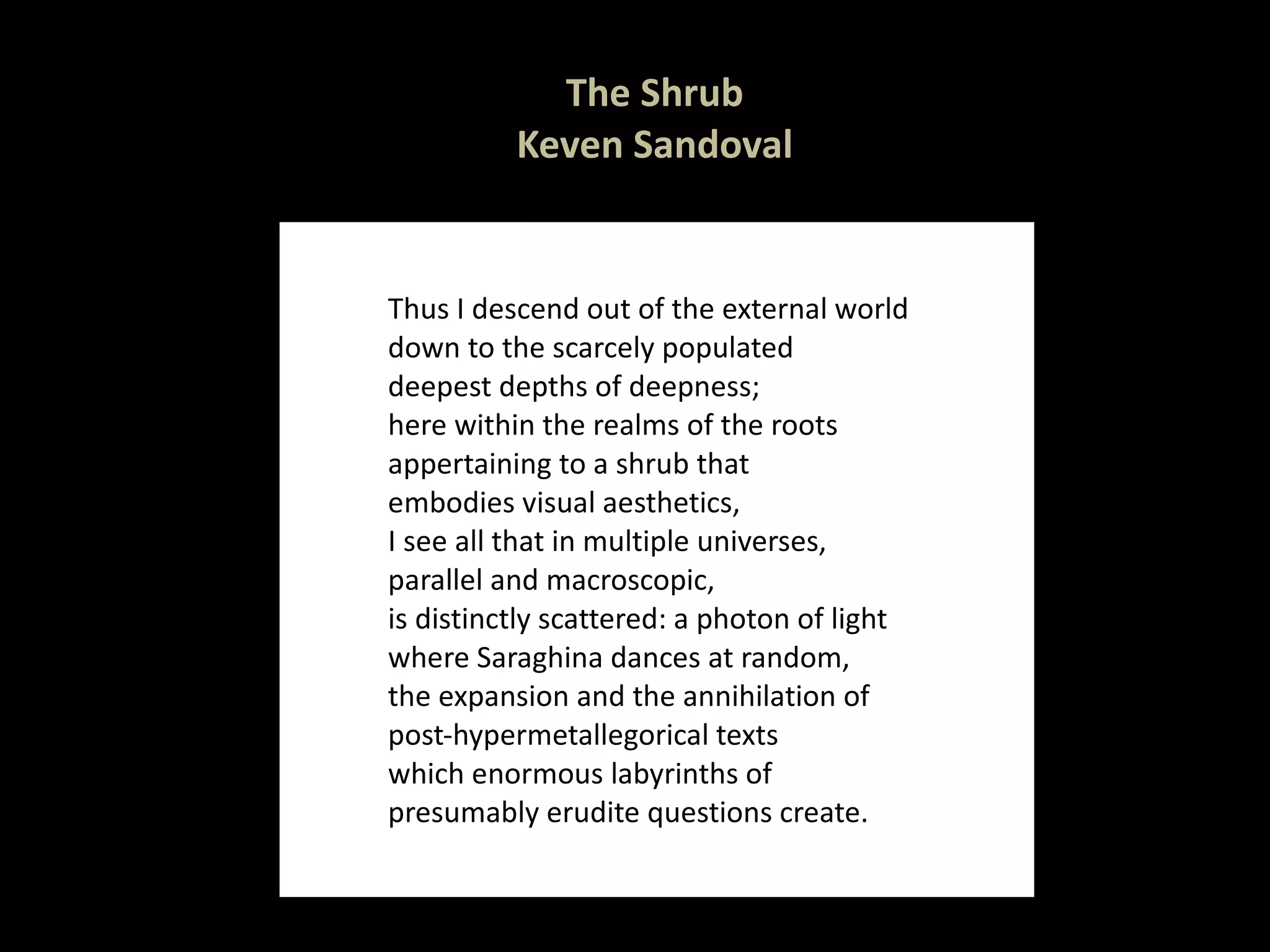 The Shrub Keven Sandoval Thus I descend out of the external world down to the scarcely populated deepest depths of deepness; here within the realms of the roots appertaining to a shrub that embodies visual aesthetics, I see all that in multiple universes, parallel and macroscopic, is distinctly scattered: a photon of light  where Saraghina dances at random, the expansion and the annihilation of post-hypermetallegorical texts which enormous labyrinths of  presumably erudite questions create. 