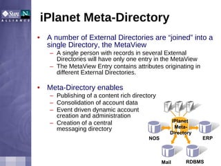 A number of External Directories are “joined” into a single Directory, the MetaView A single person with records in several External Directories will have only one entry in the MetaView The MetaView Entry contains attributes originating in different External Directories. Meta-Directory enables Publishing of a content rich directory Consolidation of account data Event driven dynamic account  creation and administration  Creation of a central  messaging directory iPlanet Meta-Directory iPlanet  Meta- Directory ERP NOS RDBMS Mail 