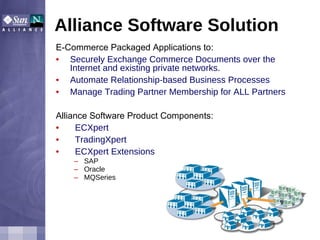 Alliance Software Solution E-Commerce Packaged Applications to:  Securely Exchange Commerce Documents over the Internet and existing private networks.  Automate Relationship-based Business Processes Manage Trading Partner Membership for ALL Partners Alliance Software Product Components: ECXpert TradingXpert ECXpert Extensions SAP Oracle MQSeries 