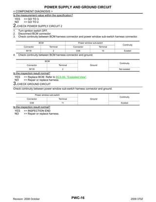 POWER SUPPLY AND GROUND CIRCUIT
< COMPONENT DIAGNOSIS >
Is the measurement value within the specification?
YES >> GO TO 3.
NO
>> GO TO 2.

2.CHECK POWER SUPPLY CIRCUIT 2
1.
2.
3.

Turn ignition switch OFF.
Disconnect BCM connector.
Check continuity between BCM harness connector and power window sub-switch harness connector.
BCM

Power window sub-switch

Connector

Connector

Terminal

M118

4.

Terminal
2

D38

10

Continuity
Existed

Check continuity between BCM harness connector and ground.
BCM
Connector

Terminal

M118

Ground

2

Continuity
Not existed

Is the inspection result normal?
YES >> Replace BCM. Refer to BCS-84, "Exploded View".
NO
>> Repair or replace harness.

3.CHECK GROUND CIRCUIT
Check continuity between power window sub-switch harness connector and ground.
Power window sub-switch
Connector

Terminal

D38

Ground

11

Continuity
Existed

Is the inspection result normal?
YES >> INSPECTION END
NO
>> Repair or replace harness.

Revision: 2008 October

PWC-16

2009 370Z

 