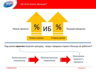 +7 (800) 555 54 45 www.spsr.ru+7 (800) 555 54 45 www.spsr.ru
На что жить дальше?
Под какие гарантии получить ресурсы, когда «продажа страха» больше не работает?
Новые проекты Текущие процессы% %
Новые угрозы Старые риски
ИБ
Качественные
показатели
Количественные
показатели
Экономика
проекта 
процесса
 