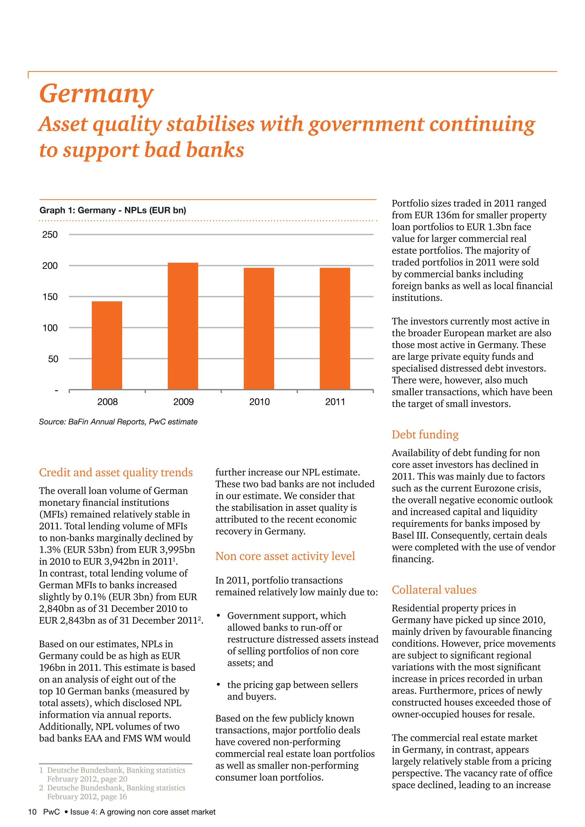 10 PwC • Issue 4: A growing non core asset market
Credit and asset quality trends
The overall loan volume of German
monetary financial institutions
(MFIs) remained relatively stable in
2011. Total lending volume of MFIs
to non-banks marginally declined by
1.3% (EUR 53bn) from EUR 3,995bn
in 2010 to EUR 3,942bn in 20111
.
In contrast, total lending volume of
German MFIs to banks increased
slightly by 0.1% (EUR 3bn) from EUR
2,840bn as of 31 December 2010 to
EUR 2,843bn as of 31 December 20112
.
Based on our estimates, NPLs in
Germany could be as high as EUR
196bn in 2011. This estimate is based
on an analysis of eight out of the
top 10 German banks (measured by
total assets), which disclosed NPL
information via annual reports.
Additionally, NPL volumes of two
bad banks EAA and FMS WM would
1	 Deutsche Bundesbank, Banking statistics
February 2012, page 20
2	 Deutsche Bundesbank, Banking statistics
February 2012, page 16
further increase our NPL estimate.
These two bad banks are not included
in our estimate. We consider that
the stabilisation in asset quality is
attributed to the recent economic
recovery in Germany.
Non core asset activity level
In 2011, portfolio transactions
remained relatively low mainly due to:
•	 Government support, which
allowed banks to run-off or
restructure distressed assets instead
of selling portfolios of non core
assets; and
•	 the pricing gap between sellers
and buyers.
Based on the few publicly known
transactions, major portfolio deals
have covered non-performing
commercial real estate loan portfolios
as well as smaller non-performing
consumer loan portfolios.
Portfolio sizes traded in 2011 ranged
from EUR 136m for smaller property
loan portfolios to EUR 1.3bn face
value for larger commercial real
estate portfolios. The majority of
traded portfolios in 2011 were sold
by commercial banks including
foreign banks as well as local financial
institutions.
The investors currently most active in
the broader European market are also
those most active in Germany. These
are large private equity funds and
specialised distressed debt investors.
There were, however, also much
smaller transactions, which have been
the target of small investors.
Debt funding
Availability of debt funding for non
core asset investors has declined in
2011. This was mainly due to factors
such as the current Eurozone crisis,
the overall negative economic outlook
and increased capital and liquidity
requirements for banks imposed by
Basel III. Consequently, certain deals
were completed with the use of vendor
financing.
Collateral values
Residential property prices in
Germany have picked up since 2010,
mainly driven by favourable financing
conditions. However, price movements
are subject to significant regional
variations with the most significant
increase in prices recorded in urban
areas. Furthermore, prices of newly
constructed houses exceeded those of
owner-occupied houses for resale.
The commercial real estate market
in Germany, in contrast, appears
largely relatively stable from a pricing
perspective. The vacancy rate of office
space declined, leading to an increase
Germany
Asset quality stabilises with government continuing
to support bad banks
Graph 1: Germany - NPLs (EUR bn)
-
50
100
150
200
250
2008 2009 2010 2011
Source: BaFin Annual Reports, PwC estimate
 