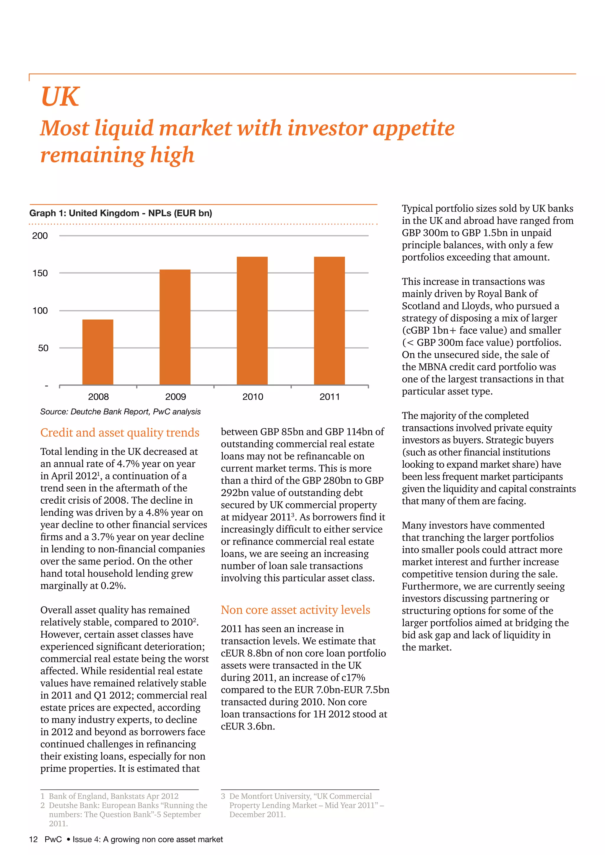 12 PwC • Issue 4: A growing non core asset market
Credit and asset quality trends
Total lending in the UK decreased at
an annual rate of 4.7% year on year
in April 20121
, a continuation of a
trend seen in the aftermath of the
credit crisis of 2008. The decline in
lending was driven by a 4.8% year on
year decline to other financial services
firms and a 3.7% year on year decline
in lending to non-financial companies
over the same period. On the other
hand total household lending grew
marginally at 0.2%.
Overall asset quality has remained
relatively stable, compared to 20102
.
However, certain asset classes have
experienced significant deterioration;
commercial real estate being the worst
affected. While residential real estate
values have remained relatively stable
in 2011 and Q1 2012; commercial real
estate prices are expected, according
to many industry experts, to decline
in 2012 and beyond as borrowers face
continued challenges in refinancing
their existing loans, especially for non
prime properties. It is estimated that
1	 Bank of England, Bankstats Apr 2012
2	 Deutshe Bank: European Banks “Running the
numbers: The Question Bank”-5 September
2011.
between GBP 85bn and GBP 114bn of
outstanding commercial real estate
loans may not be refinancable on
current market terms. This is more
than a third of the GBP 280bn to GBP
292bn value of outstanding debt
secured by UK commercial property
at midyear 20113
. As borrowers find it
increasingly difficult to either service
or refinance commercial real estate
loans, we are seeing an increasing
number of loan sale transactions
involving this particular asset class.
Non core asset activity levels
2011 has seen an increase in
transaction levels. We estimate that
cEUR 8.8bn of non core loan portfolio
assets were transacted in the UK
during 2011, an increase of c17%
compared to the EUR 7.0bn-EUR 7.5bn
transacted during 2010. Non core
loan transactions for 1H 2012 stood at
cEUR 3.6bn.
3	 De Montfort University, “UK Commercial
Property Lending Market – Mid Year 2011” –
December 2011.
Typical portfolio sizes sold by UK banks
in the UK and abroad have ranged from
GBP 300m to GBP 1.5bn in unpaid
principle balances, with only a few
portfolios exceeding that amount.
This increase in transactions was
mainly driven by Royal Bank of
Scotland and Lloyds, who pursued a
strategy of disposing a mix of larger
(cGBP 1bn+ face value) and smaller
( GBP 300m face value) portfolios.
On the unsecured side, the sale of
the MBNA credit card portfolio was
one of the largest transactions in that
particular asset type.
The majority of the completed
transactions involved private equity
investors as buyers. Strategic buyers
(such as other financial institutions
looking to expand market share) have
been less frequent market participants
given the liquidity and capital constraints
that many of them are facing.
Many investors have commented
that tranching the larger portfolios
into smaller pools could attract more
market interest and further increase
competitive tension during the sale.
Furthermore, we are currently seeing
investors discussing partnering or
structuring options for some of the
larger portfolios aimed at bridging the
bid ask gap and lack of liquidity in
the market.
UK
Most liquid market with investor appetite
remaining high
Graph 1: United Kingdom - NPLs (EUR bn)
-
50
100
150
200
2008 2009 2010 2011
Source: Deutche Bank Report, PwC analysis
 