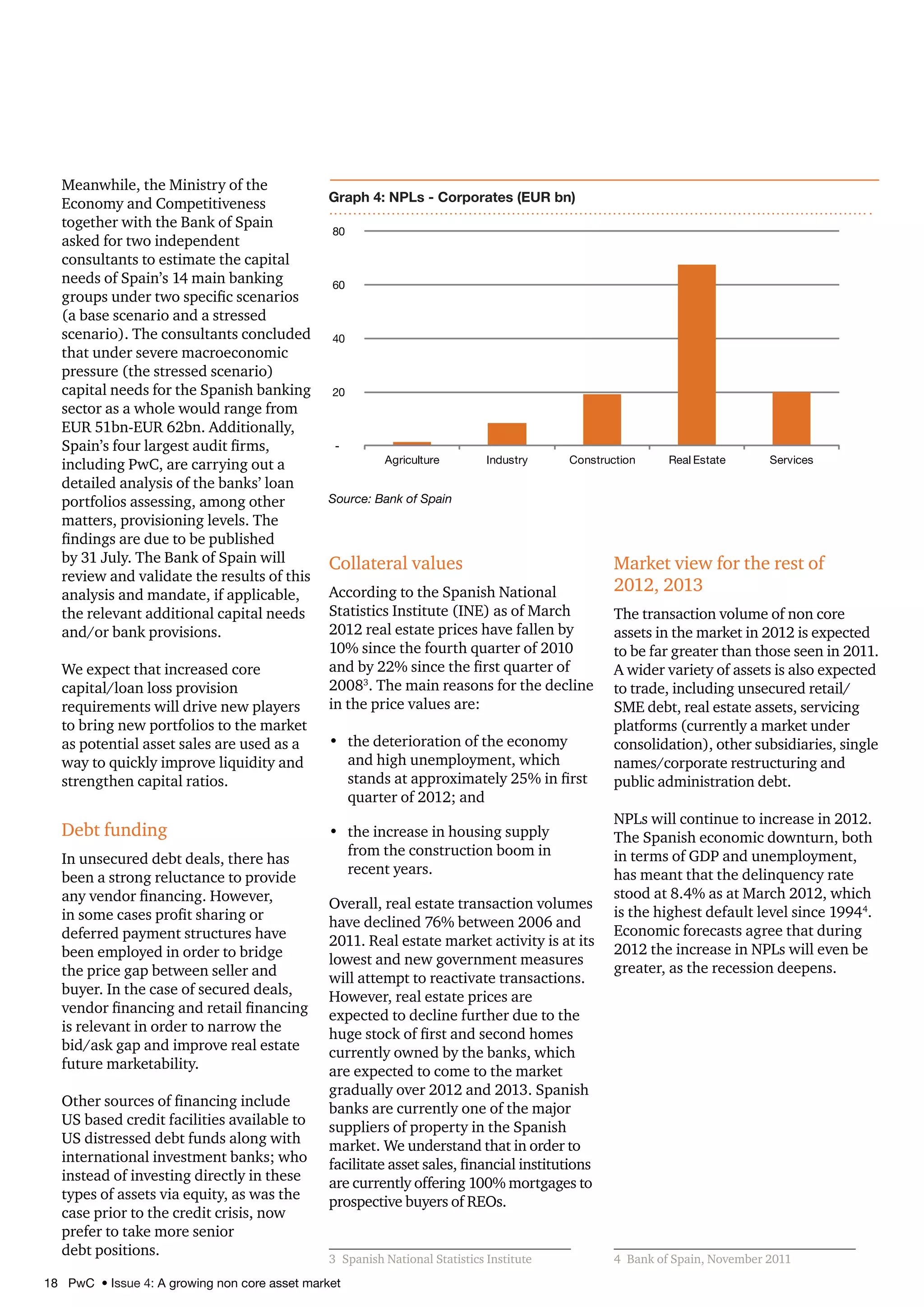 18 PwC • Issue 4: A growing non core asset market
Meanwhile, the Ministry of the
Economy and Competitiveness
together with the Bank of Spain
asked for two independent
consultants to estimate the capital
needs of Spain’s 14 main banking
groups under two specific scenarios
(a base scenario and a stressed
scenario). The consultants concluded
that under severe macroeconomic
pressure (the stressed scenario)
capital needs for the Spanish banking
sector as a whole would range from
EUR 51bn-EUR 62bn. Additionally,
Spain’s four largest audit firms,
including PwC, are carrying out a
detailed analysis of the banks’ loan
portfolios assessing, among other
matters, provisioning levels. The
findings are due to be published
by 31 July. The Bank of Spain will
review and validate the results of this
analysis and mandate, if applicable,
the relevant additional capital needs
and/or bank provisions.
We expect that increased core
capital/loan loss provision
requirements will drive new players
to bring new portfolios to the market
as potential asset sales are used as a
way to quickly improve liquidity and
strengthen capital ratios.
Debt funding
In unsecured debt deals, there has
been a strong reluctance to provide
any vendor financing. However,
in some cases profit sharing or
deferred payment structures have
been employed in order to bridge
the price gap between seller and
buyer. In the case of secured deals,
vendor financing and retail financing
is relevant in order to narrow the
bid/ask gap and improve real estate
future marketability.
Other sources of financing include
US based credit facilities available to
US distressed debt funds along with
international investment banks; who
instead of investing directly in these
types of assets via equity, as was the
case prior to the credit crisis, now
prefer to take more senior
debt positions.
Source: Bank of Spain
Graph 4: NPLs - Corporates (EUR bn)
-
20
40
60
80
Agriculture Industry Construction Real Estate Services
Collateral values
According to the Spanish National
Statistics Institute (INE) as of March
2012 real estate prices have fallen by
10% since the fourth quarter of 2010
and by 22% since the first quarter of
20083
. The main reasons for the decline
in the price values are:
•	 the deterioration of the economy
and high unemployment, which
stands at approximately 25% in first
quarter of 2012; and
•	 the increase in housing supply
from the construction boom in
recent years.
Overall, real estate transaction volumes
have declined 76% between 2006 and
2011. Real estate market activity is at its
lowest and new government measures
will attempt to reactivate transactions.
However, real estate prices are
expected to decline further due to the
huge stock of first and second homes
currently owned by the banks, which
are expected to come to the market
gradually over 2012 and 2013. Spanish
banks are currently one of the major
suppliers of property in the Spanish
market. We understand that in order to
facilitate asset sales, financial institutions
are currently offering 100% mortgages to
prospective buyers of REOs.
3	 Spanish National Statistics Institute
Market view for the rest of
2012, 2013
The transaction volume of non core
assets in the market in 2012 is expected
to be far greater than those seen in 2011.
A wider variety of assets is also expected
to trade, including unsecured retail/
SME debt, real estate assets, servicing
platforms (currently a market under
consolidation), other subsidiaries, single
names/corporate restructuring and
public administration debt.
NPLs will continue to increase in 2012.
The Spanish economic downturn, both
in terms of GDP and unemployment,
has meant that the delinquency rate
stood at 8.4% as at March 2012, which
is the highest default level since 19944
.
Economic forecasts agree that during
2012 the increase in NPLs will even be
greater, as the recession deepens.
4	 Bank of Spain, November 2011
 