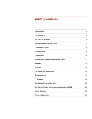 Table of contents
Introduction	3
Outlook for 2013	 4
2012 by the numbers	 5
Top 10 deals of 2011 and 2012	 7
Cross-border deals	 8
Private equity	 9
Divestitures	10
Transactions with undisclosed deal values	 11
Software	12
Internet	14
Hardware and networking	 16
Semiconductor	18
IT Services	 20
Top 5 deals by sector for 2012	 22
Top 5 cross-border and private equity deals of 2012	 24
About the data	 25
Acknowledgements	26
 
