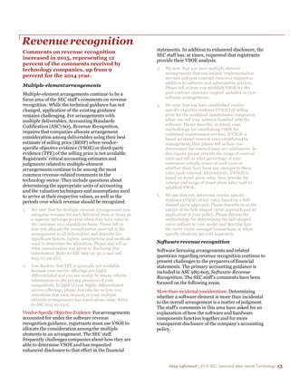 Stay informed | 2015 SEC comment letter trends Technology 13
Revenuerecognition
Comments on revenue recognition
increased in 2015, representing 12
percent of the comments received by
technology companies, up from 9
percent for the 2014 year.
Multiple-elementarrangements
Multiple-element arrangements continue to be a
focus area of the SEC staff’s comments on revenue
recognition. While the technical guidance has not
changed, application of the existing guidance
remains challenging. For arrangements with
multiple deliverables, Accounting Standards
Codification (ASC) 605, Revenue Recognition,
requires that companies allocate arrangement
consideration among deliverables using their best
estimate of selling price (BESP) when vendor-
specific objective evidence (VSOE) or third-party
evidence (TPE) of the selling price is not available.
Registrants’ critical accounting estimates and
judgments related to multiple-element
arrangements continue to be among the most
common revenue-related comments in the
technology sector. They include questions about
determining the appropriate units of accounting
and the valuation techniques and assumptions used
to arrive at their respective values, as well as the
periods over which revenue should be recognized.
1. We note that for multiple element arrangements you
recognize revenue for each delivered item or items as
a separate earnings process when they have value to
the customer on a standalone basis. Please tell us
how you allocate the consideration received in the
arrangement to all deliverables and describe the
significant factors, inputs, assumptions and methods
used to determine the allocation. Please also tell us
what consideration was given to disclosing this
information. Refer to ASC 605-25-30-2 and ASC
605-25-50-2(e).
2. You disclose that TPE is generally not available
because your service offerings are highly
differentiated and you are unable to obtain reliable
information on the pricing practices of your
competitors. In light of your highly differentiated
service offerings, please describe for us how you
determine that each element in your multiple
element arrangements has stand-alone value. Refer
to ASC 605-25-25-5.
Vendor-Specific Objective Evidence: For arrangements
accounted for under the software revenue
recognition guidance, registrants must use VSOE to
allocate the consideration among the multiple
elements in an arrangement. The SEC staff
frequently challenges companies about how they are
able to determine VSOE and has requested
enhanced disclosure to that effect in the financial
statements. In addition to enhanced disclosure, the
SEC staff has, at times, requested that registrants
provide their VSOE analysis.
3. We note that you have multiple element
arrangements that can include implementation
services and post contract customer support in
addition to software and subscription services.
Please tell us how you establish VSOE for the
post contract customer support included in your
software arrangements.
4. We note that you have established vendor-
specific objective evidence (VSOE) of selling
price for the combined maintenance component
when you sell your solution bundled with the
software. Please describe, in detail, your
methodology for establishing VSOE for
combined maintenance services. If VSOE is
based on stated renewal rates established by
management, then please tell us how you
determined the renewal rates are substantive. In
this regard, please provide the range of renewal
rates and tell us what percentage of your
customers actually renew at such rates or
whether there have been any changes to these
rates upon renewal. Alternatively, if VSOE is
based on stand-alone sales, then provide the
volume and range of stand-alone sales used to
establish VSOE.
5. We see that you determine vendor specific
evidence (VSOE) of fair value based on a bell-
shaped curve approach. Please describe to us the
nature of the bell-shaped curve approach and its
application in your policy. Please discuss the
methodology for determining the bell-shaped
curve utilized in your model and describe how
the curve varies amongst transactions or when
specific elements are sold separately.
Software revenue recognition
Software licensing arrangements and related
questions regarding revenue recognition continue to
present challenges to the preparers of financial
statements. The primary accounting guidance is
included in ASC 985-605, Software-Revenue
Recognition. The SEC staff’s comments have been
focused on the following areas.
More-than-incidentalconsiderations:Determining
whether a software element is more than incidental
to the overall arrangement is a matter of judgment.
The staff’s comments in this area have asked for an
explanation of how the software and hardware
components function together and for more
transparent disclosure of the company’s accounting
policy.
 