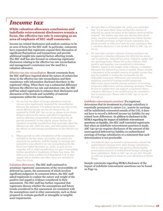 Stay informed | 2015 SEC comment letter trends Technology 28
Income tax
While valuation allowance conclusions and
indefinite reinvestment disclosures remain a
focus, the effective tax rate is emerging as an
area of emphasis of SEC staff comments.
Income tax related disclosures and analysis continue to be
an area of focus for the SEC staff. In particular, comments
have requested that registrants expand their discussion of
significant fluctuations and transactions and provide
additional insight into material factors affecting trends.
The SEC staff has also focused on enhancing registrants’
disclosures relating to the effective tax rate reconciliation
and management’s conclusion over the need for a
valuation allowance.
Effective tax rate reconciliation: Recent comments from
the SEC staff have inquired about the nature of certain line
items in the effective tax rate reconciliation and their
consistency with information disclosed elsewhere in the
registrant’s filing. When there was a substantial difference
between the effective tax rate and statutory rate, the SEC
staff has asked registrants to enhance their disclosures and
discussion of the trends and variability of material
components within the reconciliation.
1. We see that the effect of foreign operations taxed at
various rates significantly impacted the reconciliation
between the statutory U.S. federal income tax rates to the
actual effective income tax rate for fiscal 20X3. As
required by FASB ASC 740-10-50-14, please revise future
filings to disclose the nature and effect of significant
matters affecting comparability of information for all
periods presented. In this regard, please disclose the
identities of specific jurisdictions that materially affect the
effective tax rate, their tax rates, and information about
the effects on such foreign jurisdictions on the effective tax
rate.
2. Please provide us with a breakdown of the components
included in the line items: tax credits, tax reserve for
uncertain tax positions, and the change in earnings mix
included in your effective tax rate reconciliation for the
fiscal year ended December 31, 20X3. As part of your
response, tell us what consideration you gave to providing
further quantitative breakdown of these line-items. We
refer you to Rule 4-08(h) (2) of Regulation S-X. In this
regard, tell us whether any other items are included in
these line items.
Valuation allowances: The SEC staff continued to
scrutinize registrants’ assessments of the recoverability of
deferred tax assets, the assessment of which involves
significant judgment. In comment letters, the SEC staff
asked registrants to explain the nature and weight of the
positive and negative evidence considered in their
assessment. The SEC staff has further requested that
registrants discuss whether the assumptions and future
trends considered in this assessment are consistent with
the assumptions used in other assessments, such as those
prepared to evaluate goodwill or intangible or tangible
asset impairments.
3. We note that as of December 28, 20X3, you concluded
that "it was more-likely-than-not that the amount of
deferred tax assets recorded on the balance sheet would be
realized." We further note that over the last three fiscal
years, you have incurred a cumulative loss before income
tax (benefit) provision. In light of such cumulative loss,
please provide us with your basis for your conclusion that
a valuation allowance is not needed. Refer to ASC 740-10-
30-23.
4. We note that you have a history of losses and have not
recognized a valuation allowance for deferred tax assets,
and in particular, deferred tax assets related to capital and
net operating losses. Please tell us the evidence, both
positive and negative, you considered to determine
whether, based on the weight of the evidence, a valuation
allowance for deferred tax assets is needed. Please include
a discussion of the possible sources of taxable income that
may be available to realize the tax benefits for the
deductible temporary differences and carryforwards,
including reversal of existing taxable temporary
differences, future taxable income exclusive of reversing
temporary differences, and tax planning strategies. Please
be sure to explain how you support a conclusion that a
valuation allowance is not needed given the cumulative
loss in recent years. Please refer to ASC 740-10-30-16
through 25.
Indefinite reinvestment assertion: If a registrant
determines that its investment in a foreign subsidiary is
essentially permanent in nature (i.e., asserts its earnings
will be indefinitely reinvested outside of the US), it does
not have to record a deferred income tax liability for any
related basis differences. In addition to disclosure in the
MD&A regarding the impact of indefinite reinvestment
assertions on liquidity, the SEC staff reminded registrants
that when an indefinite reinvestment assertion is made,
ASC 740-30-50 requires disclosure of the amount of the
unrecognized deferred tax liability on undistributed
earnings of foreign subsidiaries or a statement that such
determination is not practicable.
5. You indicate that you intend to permanently reinvest the
undistributed earnings from other foreign subsidiaries.
Tell us what consideration was given to disclosing the
accumulated amount of undistributed foreign earnings of
these subsidiaries. Refer to ASC 740-30-50-2(b). Provide
us with any proposed revisions to your disclosure in future
filings.
Sample comments regarding MD&A disclosure of the
impact of indefinite reinvestment assertions can be found
on Page 19.
 