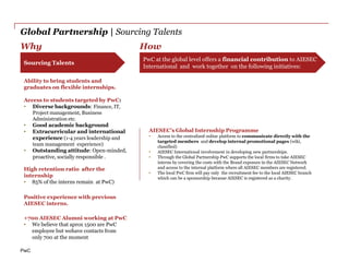 Global Partnership | Sourcing Talents
Why                                        How
                                           PwC at the global level offers a financial contribution to AIESEC
 Sourcing Talents
                                           International and work together on the following initiatives:

 Ability to bring students and
 graduates on flexible internships.

 Access to students targeted by PwC:
 • Diverse backgrounds: Finance, IT,
    Project management, Business
    Administration etc.
 • Good academic background
 • Extracurricular and international         AIESEC’s Global Internship Programme
    experience (1-4 years leadership and     •   Access to the centralized online platform to communicate directly with the
                                                 targeted members and develop internal promotional pages (wiki,
    team management experience)                  classified)
 • Outstanding attitude: Open-minded,        •   AIESEC International involvement in developing new partnerships.
    proactive, socially responsible .        •   Through the Global Partnership PwC supports the local firms to take AIESEC
                                                 interns by covering the costs with the Brand exposure in the AIESEC Network
 High retention ratio after the                  and access to the internal platform where all AIESEC members are registered.
                                             •   The local PwC firm will pay only the recruitment fee to the local AIESEC branch
 internship                                      which can be a sponsorship because AIESEC is registered as a charity.
 • 85% of the interns remain at PwC)

 Positive experience with previous
 AIESEC interns.

 +700 AIESEC Alumni working at PwC
 • We believe that aprox 1500 are PwC
   employee but wehave contacts from
   only 700 at the moment

PwC
 