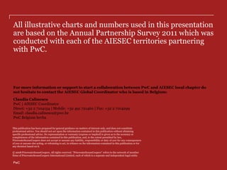 All illustrative charts and numbers used in this presentation
are based on the Annual Partnership Survey 2011 which was
conducted with each of the AIESEC territories partnering
with PwC.



For more information or support to start a collaboration between PwC and AIESEC local chapter do
not hesitate to contact the AIESEC Global Coordinator who is based in Belgium:
Claudia Calinescu
PwC | AIESEC Coordinator
Direct: +32 2 7104154 | Mobile: +32 491 721460 | Fax: +32 2 7104299
Email: claudia.calinescu@pwc.be
PwC Belgium bcvba

This publication has been prepared for general guidance on matters of interest only, and does not constitute
professional advice. You should not act upon the information contained in this publication without obtaining
specific professional advice. No representation or warranty (express or implied) is given as to the accuracy or
completeness of the information contained in this publication, and, to the extent permitted by law,
PricewaterhouseCoopers does not accept or assume any liability, responsibility or duty of care for any consequences
of you or anyone else acting, or refraining to act, in reliance on the information contained in this publication or for
any decision based on it.

© 2008 PricewaterhouseCoopers. All rights reserved. “PricewaterhouseCoopers” refers to the network of member
firms of PricewaterhouseCoopers International Limited, each of which is a separate and independent legal entity.

PwC
 