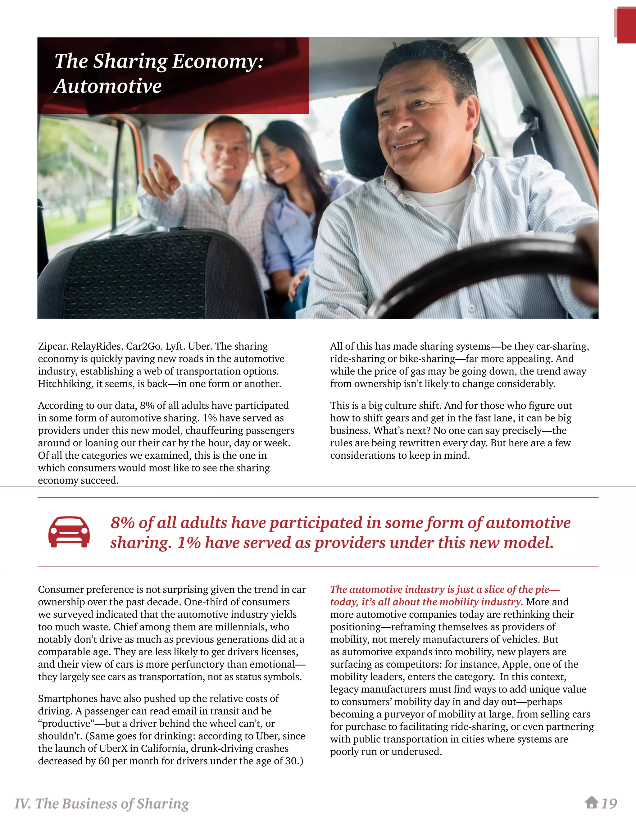 Zipcar. RelayRides. Car2Go. Lyft. Uber. The sharing
economy is quickly paving new roads in the automotive
industry, establishing a web of transportation options.
Hitchhiking, it seems, is back—in one form or another.
According to our data, 8% of all adults have participated
in some form of automotive sharing. 1% have served as
providers under this new model, chauffeuring passengers
around or loaning out their car by the hour, day or week.
Of all the categories we examined, this is the one in
which consumers would most like to see the sharing
economy succeed.
Consumer preference is not surprising given the trend in car
ownership over the past decade. One-third of consumers
we surveyed indicated that the automotive industry yields
too much waste. Chief among them are millennials, who
notably don’t drive as much as previous generations did at a
comparable age. They are less likely to get drivers licenses,
and their view of cars is more perfunctory than emotional—
they largely see cars as transportation, not as status symbols.
Smartphones have also pushed up the relative costs of
driving. A passenger can read email in transit and be
“productive”—but a driver behind the wheel can’t, or
shouldn’t. (Same goes for drinking: according to Uber, since
the launch of UberX in California, drunk-driving crashes
decreased by 60 per month for drivers under the age of 30.)
All of this has made sharing systems—be they car-sharing,
ride-sharing or bike-sharing—far more appealing. And
while the price of gas may be going down, the trend away
from ownership isn’t likely to change considerably.
This is a big culture shift. And for those who figure out
how to shift gears and get in the fast lane, it can be big
business. What’s next? No one can say precisely—the
rules are being rewritten every day. But here are a few
considerations to keep in mind.
The automotive industry is just a slice of the pie—
today, it’s all about the mobility industry. More and
more automotive companies today are rethinking their
positioning—reframing themselves as providers of
mobility, not merely manufacturers of vehicles. But
as automotive expands into mobility, new players are
surfacing as competitors: for instance, Apple, one of the
mobility leaders, enters the category. In this context,
legacy manufacturers must find ways to add unique value
to consumers’ mobility day in and day out—perhaps
becoming a purveyor of mobility at large, from selling cars
for purchase to facilitating ride-sharing, or even partnering
with public transportation in cities where systems are
poorly run or underused.
IV. The Business of Sharing 19
8% of all adults have participated in some form of automotive
sharing. 1% have served as providers under this new model.
The Sharing Economy:
Automotive
 