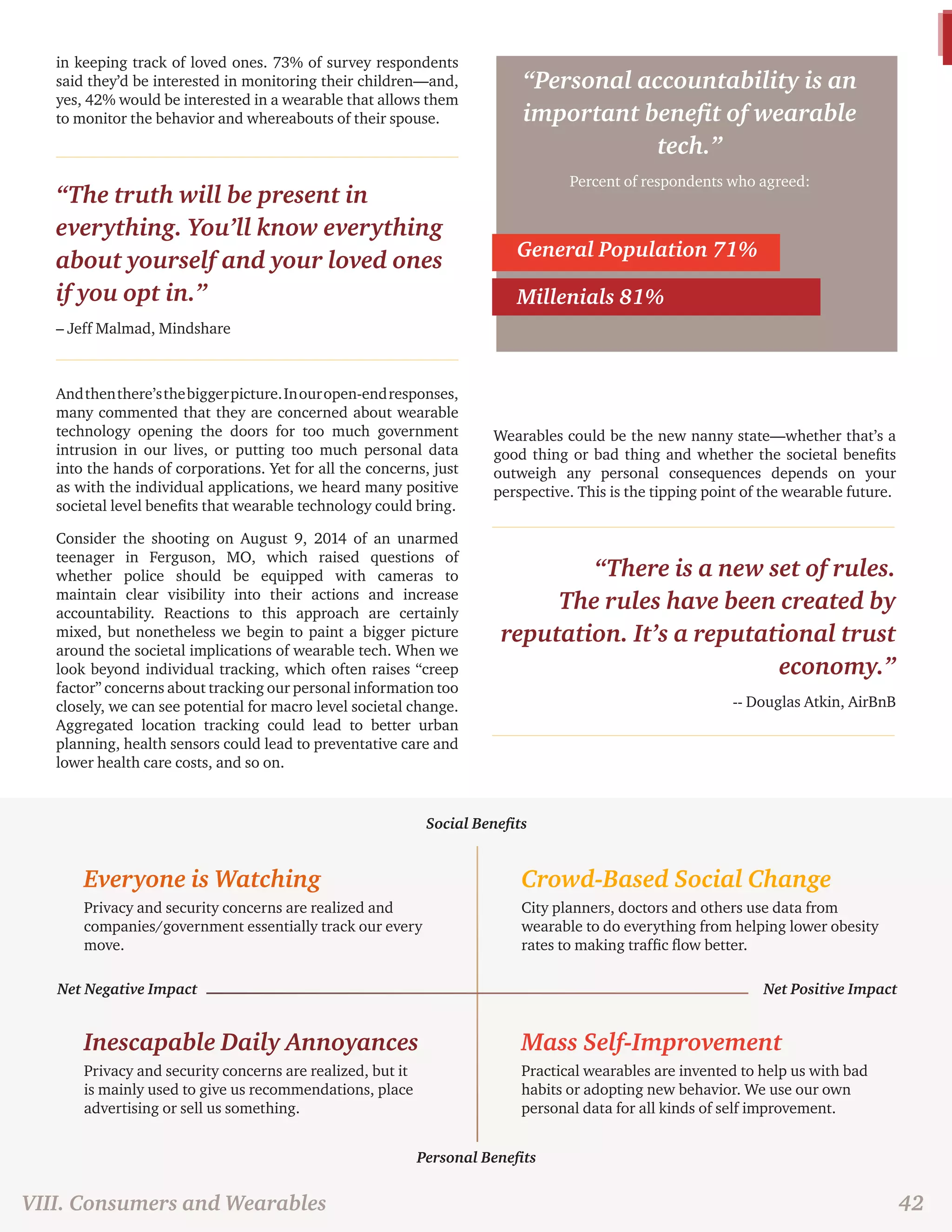 in keeping track of loved ones. 73% of survey respondents 
said they’d be interested in monitoring their children—and, 
yes, 42% would be interested in a wearable that allows them 
to monitor the behavior and whereabouts of their spouse. 
“The truth will be present in 
everything. You’ll know everything 
about yourself and your loved ones 
if you opt in.” 
– Jeff Malmad, Mindshare 
And then there’s the bigger picture. In our open-end responses, 
many commented that they are concerned about wearable 
technology opening the doors for too much government 
intrusion in our lives, or putting too much personal data 
into the hands of corporations. Yet for all the concerns, just 
as with the individual applications, we heard many positive 
societal level benefits that wearable technology could bring. 
Consider the shooting on August 9, 2014 of an unarmed 
teenager in Ferguson, MO, which raised questions of 
whether police should be equipped with cameras to 
maintain clear visibility into their actions and increase 
accountability. Reactions to this approach are certainly 
mixed, but nonetheless we begin to paint a bigger picture 
around the societal implications of wearable tech. When we 
look beyond individual tracking, which often raises “creep 
factor” concerns about tracking our personal information too 
closely, we can see potential for macro level societal change. 
Aggregated location tracking could lead to better urban 
planning, health sensors could lead to preventative care and 
lower health care costs, and so on. 
Wearables could be the new nanny state—whether that’s a 
good thing or bad thing and whether the societal benefits 
outweigh any personal consequences depends on your 
perspective. This is the tipping point of the wearable future. 
“There is a new set of rules. 
The rules have been created by 
reputation. It’s a reputational trust 
economy.” 
-- Douglas Atkin, AirBnB 
Everyone is Watching 
Privacy and security concerns are realized and 
companies/government essentially track our every 
move. 
Crowd-Based Social Change 
City planners, doctors and others use data from 
wearable to do everything from helping lower obesity 
rates to making traffic flow better. 
Mass Self-Improvement 
Practical wearables are invented to help us with bad 
habits or adopting new behavior. We use our own 
personal data for all kinds of self improvement. 
Inescapable Daily Annoyances 
Privacy and security concerns are realized, but it 
is mainly used to give us recommendations, place 
advertising or sell us something. 
Net Negative Impact Net Positive Impact 
Social Benefits 
Personal Benefits 
“Personal accountability is an 
important benefit of wearable 
tech.” 
Percent of respondents who agreed: 
General Population 71% 
Millenials 81% 
VIII. Consumers and Wearables 42 
 