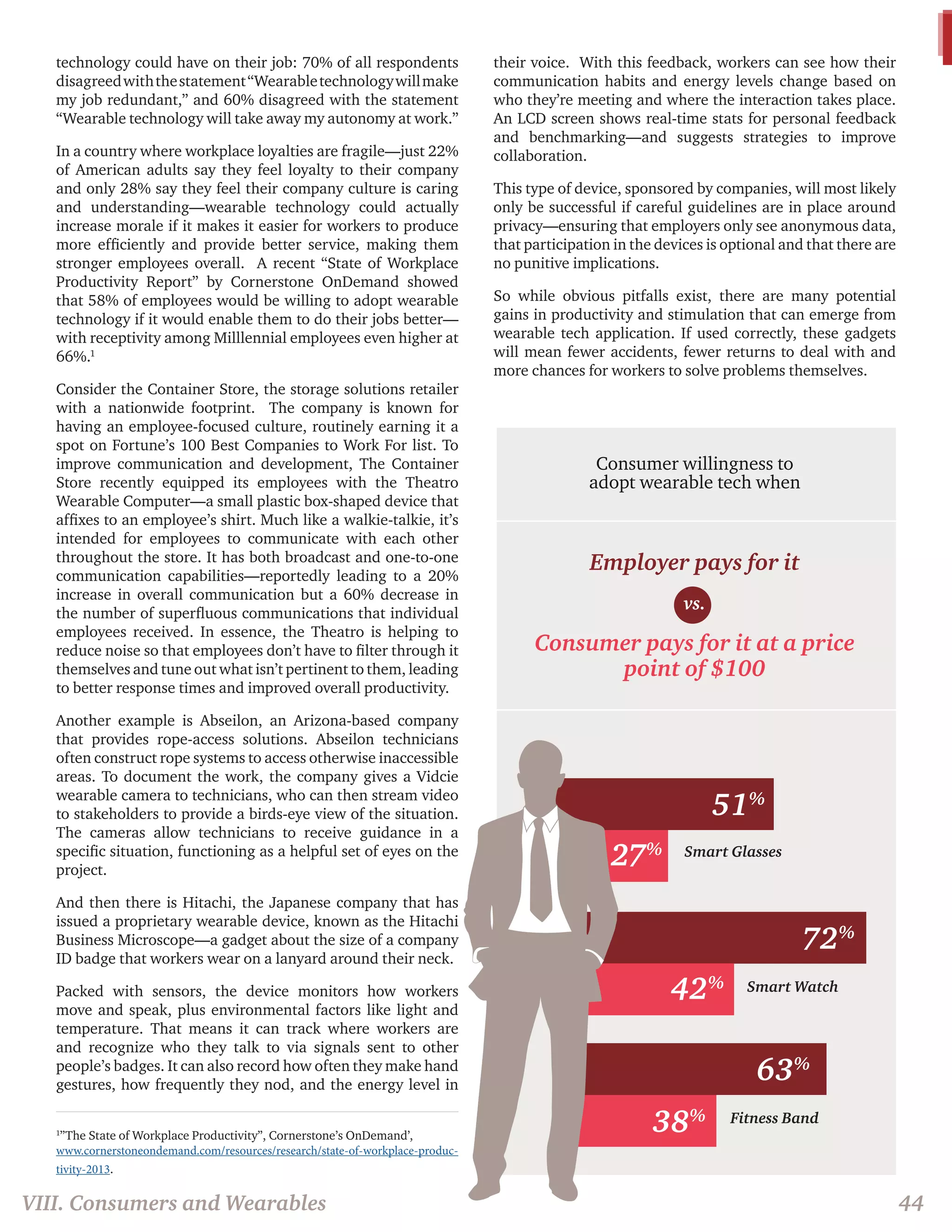 technology could have on their job: 70% of all respondents 
disagreed with the statement “Wearable technology will make 
my job redundant,” and 60% disagreed with the statement 
“Wearable technology will take away my autonomy at work.” 
In a country where workplace loyalties are fragile—just 22% 
of American adults say they feel loyalty to their company 
and only 28% say they feel their company culture is caring 
and understanding—wearable technology could actually 
increase morale if it makes it easier for workers to produce 
more efficiently and provide better service, making them 
stronger employees overall. A recent “State of Workplace 
Productivity Report” by Cornerstone OnDemand showed 
that 58% of employees would be willing to adopt wearable 
technology if it would enable them to do their jobs better— 
with receptivity among Milllennial employees even higher at 
66%.1 
Consider the Container Store, the storage solutions retailer 
with a nationwide footprint. The company is known for 
having an employee-focused culture, routinely earning it a 
spot on Fortune’s 100 Best Companies to Work For list. To 
improve communication and development, The Container 
Store recently equipped its employees with the Theatro 
Wearable Computer—a small plastic box-shaped device that 
affixes to an employee’s shirt. Much like a walkie-talkie, it’s 
intended for employees to communicate with each other 
throughout the store. It has both broadcast and one-to-one 
communication capabilities—reportedly leading to a 20% 
increase in overall communication but a 60% decrease in 
the number of superfluous communications that individual 
employees received. In essence, the Theatro is helping to 
reduce noise so that employees don’t have to filter through it 
themselves and tune out what isn’t pertinent to them, leading 
to better response times and improved overall productivity. 
Another example is Abseilon, an Arizona-based company 
that provides rope-access solutions. Abseilon technicians 
often construct rope systems to access otherwise inaccessible 
areas. To document the work, the company gives a Vidcie 
wearable camera to technicians, who can then stream video 
to stakeholders to provide a birds-eye view of the situation. 
The cameras allow technicians to receive guidance in a 
specific situation, functioning as a helpful set of eyes on the 
project. 
And then there is Hitachi, the Japanese company that has 
issued a proprietary wearable device, known as the Hitachi 
Business Microscope—a gadget about the size of a company 
ID badge that workers wear on a lanyard around their neck. 
Packed with sensors, the device monitors how workers 
move and speak, plus environmental factors like light and 
temperature. That means it can track where workers are 
and recognize who they talk to via signals sent to other 
people’s badges. It can also record how often they make hand 
gestures, how frequently they nod, and the energy level in 
their voice. With this feedback, workers can see how their 
communication habits and energy levels change based on 
who they’re meeting and where the interaction takes place. 
An LCD screen shows real-time stats for personal feedback 
and benchmarking—and suggests strategies to improve 
collaboration. 
This type of device, sponsored by companies, will most likely 
only be successful if careful guidelines are in place around 
privacy—ensuring that employers only see anonymous data, 
that participation in the devices is optional and that there are 
no punitive implications. 
So while obvious pitfalls exist, there are many potential 
gains in productivity and stimulation that can emerge from 
wearable tech application. If used correctly, these gadgets 
will mean fewer accidents, fewer returns to deal with and 
more chances for workers to solve problems themselves. 
Consumer willingness to 
adopt wearable tech when 
Employer pays for it 
vs. 
Consumer pays for it at a price 
point of $100 
51% 
72% 
42% 
38% 
63% 
27% Smart Glasses 
Smart Watch 
Fitness Band 
VIII. Consumers and Wearables 44 
1 ”The State of Workplace Productivity”, Cornerstone’s OnDemand’, 
www.cornerstoneondemand.com/resources/research/state-of-workplace-produc-tivity- 
2013. 
 