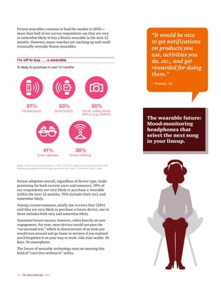16 | The Wearable Life | PwC
“It would be nice
to get notifications
on products you
use, activities you
do, etc., and get
rewarded for doing
them.”
– Female, 24
Future adoption overall, regardless of device type, looks
promising for both current users and nonusers: 39% of
our respondents are very likely to purchase a wearable
within the next 12 months; 76% includes both very and
somewhat likely.
Among current nonusers, nearly one in every four (24%)
said they are very likely to purchase a future device; one in
three includes both very and somewhat likely.
Sustained future success, however, relies heavily on user
engagement. For now, most devices would not pass the
“turnaround test,” which is characteristic of an item you
would turn around and go home to retrieve if you realized
you’d forgotten it on your way to work. Like your wallet. Or
keys. Or smartphone.
The future of wearable technology rests on meeting this
kind of “can’t-live-without-it” utility.
I’m off to buy . . . a wearable
% likely to purchase in next 12 months
57%
Fitness band
53%
Smart watch
50%
Smart video/photo
device (e.g. GoPro)
41%
Smart glasses
38%
Smart clothing
Base: Total pre-quota sample (n=700); Q17 How likely are you to purchase the
following wearable technology devices in the next 12 months? (top 2 box)
Fitness wearables continue to lead the market in 2016—
more than half of our survey respondents say they are very
or somewhat likely to buy a fitness wearable in the next 12
months. However, smart watches are catching up and could
eventually overtake fitness wearables.
The wearable future:
Mood-monitoring
headphones that
select the next song
in your lineup.
 