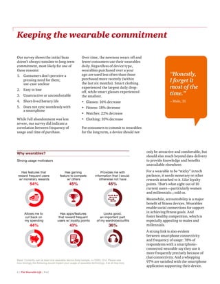 6 | The Wearable Life | PwC
Keeping the wearable commitment
Our survey shows the initial buzz
doesn’t always translate to long-term
commitment, most likely for one of
these reasons:
1.	 Consumers don’t perceive a
pressing need for them;
use-case unclear
2.	 Easy to lose
3.	 Unattractive or uncomfortable
4.	 Short-lived battery life
5.	 Does not sync seamlessly with
a smartphone
While full abandonment was less
severe, our survey did indicate a
correlation between frequency of
usage and time of purchase.
Over time, the newness wears off and
fewer consumers use their wearables
daily. Regardless of device type,
wearables purchased over a year
ago are used less often than those
purchased more recently (within
the last six months). Smart clothing
experienced the largest daily drop-
off, while smart glasses experienced
the smallest.
•	 Glasses: 16% decrease
•	 Fitness: 18% decrease
•	 Watches: 22% decrease
•	 Clothing: 33% decrease
For consumers to commit to wearables
for the long term, a device should not
Why wearables?
Strong usage motivators
Allows me to
cut back on
my spending
44%
Has gaming
feature to compete
w/ others
45%
Has apps/features
that reward frequent
users w/ loyalty points
43%
Provides me with
information that I would
otherwise not have
45%
Has features that
reward frequent users
w/ monetary rewards
54%
Looks good;
an important part
of my wardrobe/outfits
36%
only be attractive and comfortable, but
should also reach beyond data delivery
to provide knowledge and benefits
unavailable elsewhere.
For a wearable to be “sticky” in tech
parlance, it needs monetary or other
rewards attached to it. Like loyalty
points. That’s what eight out of 10
current users—particularly women
and millennials—told us.
Meanwhile, accountability is a major
benefit of fitness devices. Wearables
enable social connections for support
in achieving fitness goals. And
foster healthy competition, which is
especially appealing to males and
millennials.
A strong link is also evident
between smartphone connectivity
and frequency of usage: 78% of
respondents with a smartphone-
connected wearable say they use it
more frequently precisely because of
that connectivity. And a whopping
97% are satisfied with the smartphone
application supporting their device.
“Honestly,
I forget it
most of the
time.”
– Male, 31
Base: Currently own at least one wearable device (total sample, n=1000); Q14. Please rate
how strongly the following would impact your usage of wearable technology, if at all (top box).
 