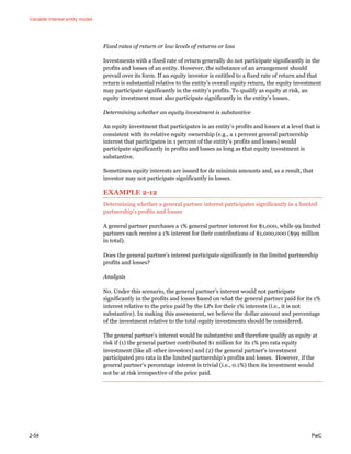 Variable interest entity model
2-54 PwC
Fixed rates of return or low levels of returns or loss
Investments with a fixed rate of return generally do not participate significantly in the
profits and losses of an entity. However, the substance of an arrangement should
prevail over its form. If an equity investor is entitled to a fixed rate of return and that
return is substantial relative to the entity’s overall equity return, the equity investment
may participate significantly in the entity’s profits. To qualify as equity at risk, an
equity investment must also participate significantly in the entity’s losses.
Determining whether an equity investment is substantive
An equity investment that participates in an entity’s profits and losses at a level that is
consistent with its relative equity ownership (e.g., a 1 percent general partnership
interest that participates in 1 percent of the entity’s profits and losses) would
participate significantly in profits and losses as long as that equity investment is
substantive.
Sometimes equity interests are issued for de minimis amounts and, as a result, that
investor may not participate significantly in losses.
EXAMPLE 2-12
Determining whether a general partner interest participates significantly in a limited
partnership’s profits and losses
A general partner purchases a 1% general partner interest for $1,000, while 99 limited
partners each receive a 1% interest for their contributions of $1,000,000 ($99 million
in total).
Does the general partner’s interest participate significantly in the limited partnership
profits and losses?
Analysis
No. Under this scenario, the general partner’s interest would not participate
significantly in the profits and losses based on what the general partner paid for its 1%
interest relative to the price paid by the LPs for their 1% interests (i.e., it is not
substantive). In making this assessment, we believe the dollar amount and percentage
of the investment relative to the total equity investments should be considered.
The general partner’s interest would be substantive and therefore qualify as equity at
risk if (1) the general partner contributed $1 million for its 1% pro rata equity
investment (like all other investors) and (2) the general partner’s investment
participated pro rata in the limited partnership’s profits and losses. However, if the
general partner’s percentage interest is trivial (i.e., 0.1%) then its investment would
not be at risk irrespective of the price paid.
 