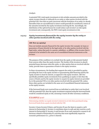 Variable interest entity model
2-60 PwC
Analysis
A potential VIE’s total equity investment at risk excludes amounts provided to the
equity investor directly or indirectly by an entity or other parties involved with the
potential VIE. Fees that are paid concurrent with the formation of an entity (or shortly
thereafter) that are unconditional in nature would generally be considered a return of
the amounts invested by the equity investor(s) receiving the fee. Accordingly, the
distribution of the upfront license fee would reduce each investor’s at-risk equity
investment and, consequently, the PEF’s total equity investment at risk.
2.3.2.5 Equity investments financed for the equity investor by the entity or
other parties involved with the entity
ASC 810-15-14(a)(4)
Does not include amounts financed for the equity investor (for example, by loans or
guarantees of loans) directly by the legal entity or by other parties involved with the
legal entity, unless that party is a parent, subsidiary, or affiliate of the investor that is
required to be included in the same set of consolidated financial statements as the
investor.
The purpose of this condition is to exclude from the equity at risk amounts funded
from sources other than the equity investor. The burden of the investors to absorb
potential losses decreases when the entity, or other parties that are involved with the
entity, provide loans or guarantees of loans to the equity investors.
In these circumstances, the funding that supports the entity is provided by parties
providing the loan to the equity investor or guaranteeing debt financing used by the
equity investor to fund its interest, as opposed to the equity investors. ASC 810
specifically prohibits equity investments from qualifying as equity at risk when the
source of funds used by the equity investor to acquire its equity interest are provided
by (1) the potential VIE or (2) other parties involved with the potential VIE, unless
those other parties are included in the same set of consolidated financial statements
as the equity investor.
If the borrowed funds were received from an individual or entity that is not involved
with the potential VIE, then the equity investment acquired using the borrowed funds
would be considered equity at risk, assuming it meets all other necessary conditions.
EXAMPLE 2-17
Determining whether an equity investor’s interest is at risk when purchased using
borrowed funds from a party involved with the VIE
Investor A loans Investor B $500, and Investor B uses the $500 to acquire a 50%
interest in Partnership X. Investor A contributes $500 in cash and also receives a 50%
interest in Partnership X. Investor A and Investor B are each required to consent to all
decisions related to Partnership X’s activities that most significantly impact its
economic performance (i.e., power is shared).
 