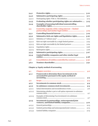 Table of contents
PwC xi
3.4.1 Protective rights................................................................. 3-10
3.4.2 Substantive participating rights ......................................... 3-11
3.4.2.1 Participating rights: VOE vs. VIE deﬁnition........................................ 3-13
3.4.3 Evaluating whether participating rights are substantive .... 3-13
3.4.4 Examples of assessing individual noncontrolling
shareholder rights.............................................................. 3-16
3.5 Control by majority of the voting interest — limited
partnerships and similar legal entities ............................... 3-19
3.5.1 Controlling ﬁnancial interest ............................................. 3-19
3.5.2 Substantive kick-out rights and liquidation rights.............. 3-20
3.5.2.1 Deﬁnition of “without cause” ............................................................... 3-22
3.5.2.2 Kick-out right exercisable by a single limited partner......................... 3-23
3.5.2.3 Kick-out right exercisable by the limited partners .............................. 3-24
3.5.2.4 Liquidation rights ................................................................................. 3-26
3.5.2.5 Redemption rights................................................................................ 3-26
3.5.3 Substantive participating rights ......................................... 3-27
3.5.4 Limited liability companies and other similar legal
entities ............................................................................... 3-28
3.6 Consolidation of entities controlled by contract ................. 3-30
3.6.1 Nominee shareholder......................................................... 3-31
Chapter 4: Equity method of accounting
4.1 Chapter overview ............................................................... 4-2
4.1.1 Framework to determine those investments to be
accounted for pursuant to the equity method of
accounting.......................................................................... 4-3
4.2 Scope.................................................................................. 4-4
4.2.1 Investments in common stock............................................ 4-4
4.2.2 In-substance common stock investments ........................... 4-4
4.2.2.1 Initial determination and reconsideration events ............................... 4-6
4.2.2.2 Determining whether a put or call option represents in-substance
common stock....................................................................................... 4-7
4.2.2.3 Examples of determining if an investment is in-substance
common stock....................................................................................... 4-7
4.2.3 Investments in partnerships, unincorporated joint
ventures, and limited liability companies........................... 4-12
4.2.3.1 General partnerships............................................................................ 4-13
4.2.3.2 Limited partnerships and unincorporated joint ventures................... 4-13
4.2.3.3 Limited liability companies.................................................................. 4-13
 