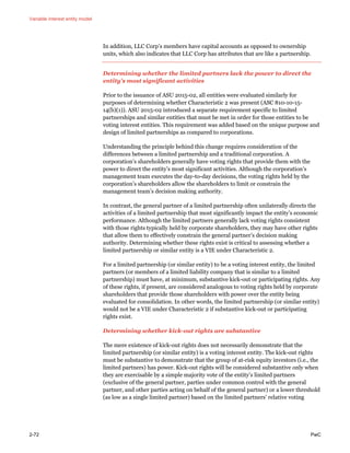 Variable interest entity model
2-72 PwC
In addition, LLC Corp’s members have capital accounts as opposed to ownership
units, which also indicates that LLC Corp has attributes that are like a partnership.
Determining whether the limited partners lack the power to direct the
entity’s most significant activities
Prior to the issuance of ASU 2015-02, all entities were evaluated similarly for
purposes of determining whether Characteristic 2 was present (ASC 810-10-15-
14(b)(1)). ASU 2015-02 introduced a separate requirement specific to limited
partnerships and similar entities that must be met in order for those entities to be
voting interest entities. This requirement was added based on the unique purpose and
design of limited partnerships as compared to corporations.
Understanding the principle behind this change requires consideration of the
differences between a limited partnership and a traditional corporation. A
corporation’s shareholders generally have voting rights that provide them with the
power to direct the entity’s most significant activities. Although the corporation’s
management team executes the day-to-day decisions, the voting rights held by the
corporation’s shareholders allow the shareholders to limit or constrain the
management team’s decision making authority.
In contrast, the general partner of a limited partnership often unilaterally directs the
activities of a limited partnership that most significantly impact the entity’s economic
performance. Although the limited partners generally lack voting rights consistent
with those rights typically held by corporate shareholders, they may have other rights
that allow them to effectively constrain the general partner’s decision making
authority. Determining whether these rights exist is critical to assessing whether a
limited partnership or similar entity is a VIE under Characteristic 2.
For a limited partnership (or similar entity) to be a voting interest entity, the limited
partners (or members of a limited liability company that is similar to a limited
partnership) must have, at minimum, substantive kick-out or participating rights. Any
of these rights, if present, are considered analogous to voting rights held by corporate
shareholders that provide those shareholders with power over the entity being
evaluated for consolidation. In other words, the limited partnership (or similar entity)
would not be a VIE under Characteristic 2 if substantive kick-out or participating
rights exist.
Determining whether kick-out rights are substantive
The mere existence of kick-out rights does not necessarily demonstrate that the
limited partnership (or similar entity) is a voting interest entity. The kick-out rights
must be substantive to demonstrate that the group of at-risk equity investors (i.e., the
limited partners) has power. Kick-out rights will be considered substantive only when
they are exercisable by a simple majority vote of the entity’s limited partners
(exclusive of the general partner, parties under common control with the general
partner, and other parties acting on behalf of the general partner) or a lower threshold
(as low as a single limited partner) based on the limited partners’ relative voting
 
