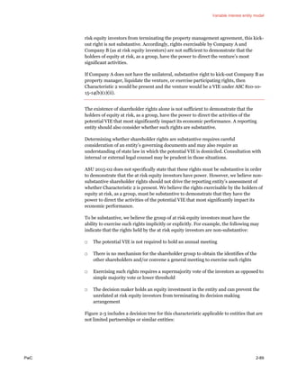 Variable interest entity model
PwC 2-89
risk equity investors from terminating the property management agreement, this kick-
out right is not substantive. Accordingly, rights exercisable by Company A and
Company B (as at risk equity investors) are not sufficient to demonstrate that the
holders of equity at risk, as a group, have the power to direct the venture’s most
significant activities.
If Company A does not have the unilateral, substantive right to kick-out Company B as
property manager, liquidate the venture, or exercise participating rights, then
Characteristic 2 would be present and the venture would be a VIE under ASC 810-10-
15-14(b)(1)(ii).
The existence of shareholder rights alone is not sufficient to demonstrate that the
holders of equity at risk, as a group, have the power to direct the activities of the
potential VIE that most significantly impact its economic performance. A reporting
entity should also consider whether such rights are substantive.
Determining whether shareholder rights are substantive requires careful
consideration of an entity’s governing documents and may also require an
understanding of state law in which the potential VIE is domiciled. Consultation with
internal or external legal counsel may be prudent in those situations.
ASU 2015-02 does not specifically state that these rights must be substantive in order
to demonstrate that the at risk equity investors have power. However, we believe non-
substantive shareholder rights should not drive the reporting entity’s assessment of
whether Characteristic 2 is present. We believe the rights exercisable by the holders of
equity at risk, as a group, must be substantive to demonstrate that they have the
power to direct the activities of the potential VIE that most significantly impact its
economic performance.
To be substantive, we believe the group of at risk equity investors must have the
ability to exercise such rights implicitly or explicitly. For example, the following may
indicate that the rights held by the at risk equity investors are non-substantive:
□ The potential VIE is not required to hold an annual meeting
□ There is no mechanism for the shareholder group to obtain the identifies of the
other shareholders and/or convene a general meeting to exercise such rights
□ Exercising such rights requires a supermajority vote of the investors as opposed to
simple majority vote or lower threshold
□ The decision maker holds an equity investment in the entity and can prevent the
unrelated at risk equity investors from terminating its decision making
arrangement
Figure 2-3 includes a decision tree for this characteristic applicable to entities that are
not limited partnerships or similar entities:
 