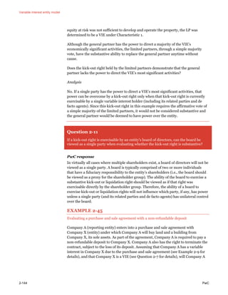 Variable interest entity model
2-144 PwC
equity at risk was not sufficient to develop and operate the property, the LP was
determined to be a VIE under Characteristic 1.
Although the general partner has the power to direct a majority of the VIE’s
economically significant activities, the limited partners, through a simple majority
vote, have the substantive ability to replace the general partner anytime without
cause.
Does the kick-out right held by the limited partners demonstrate that the general
partner lacks the power to direct the VIE’s most significant activities?
Analysis
No. If a single party has the power to direct a VIE’s most significant activities, that
power can be overcome by a kick-out right only when that kick-out right is currently
exercisable by a single variable interest holder (including its related parties and de
facto agents). Since this kick-out right in this example requires the affirmative vote of
a simple majority of the limited partners, it would not be considered substantive and
the general partner would be deemed to have power over the entity.
Question 2-11
If a kick-out right is exercisable by an entity’s board of directors, can the board be
viewed as a single party when evaluating whether the kick-out right is substantive?
PwC response
In virtually all cases where multiple shareholders exist, a board of directors will not be
viewed as a single party. A board is typically comprised of two or more individuals
that have a fiduciary responsibility to the entity’s shareholders (i.e., the board should
be viewed as a proxy for the shareholder group). The ability of the board to exercise a
substantive kick-out or liquidation right should be viewed as if that right was
exercisable directly by the shareholder group. Therefore, the ability of a board to
exercise kick-out or liquidation rights will not influence which party, if any, has power
unless a single party (and its related parties and de facto agents) has unilateral control
over the board.
EXAMPLE 2-45
Evaluating a purchase and sale agreement with a non-refundable deposit
Company A (reporting entity) enters into a purchase and sale agreement with
Company X (entity) under which Company A will buy land and a building from
Company X, its sole assets. As part of the agreement, Company A is required to pay a
non-refundable deposit to Company X. Company A also has the right to terminate the
contract, subject to the loss of its deposit. Assuming that Company A has a variable
interest in Company X due to the purchase and sale agreement (see Example 2-9 for
details), and that Company X is a VIE (see Question 2-7 for details), will Company A
 