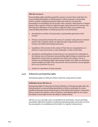 Voting interest model
PwC 3-11
ASC 810-10-25-10
Noncontrolling rights (whether granted by contract or by law) that would allow the
noncontrolling shareholder or limited partner to block corporate or partnership
actions would be considered protective rights and would not overcome the
presumption of consolidation by the investor with a majority voting interest or limited
partner with a majority of kick-out rights through voting interests in its investee. The
following list is illustrative of the protective rights that often are provided to the
noncontrolling shareholder or limited partner but is not all-inclusive:
a. Amendments to articles of incorporation or partnership agreements of the
investee
b. Pricing on transactions between the owner of a majority voting interest or limited
partner with a majority of kick-out rights through voting interests and the
investee and related self-dealing transactions
c. Liquidation of the investee in the context of Topic 852 on reorganizations or a
decision to cause the investee to enter bankruptcy or other receivership
d. Acquisitions and dispositions of assets that are not expected to be undertaken in
the ordinary course of business (noncontrolling rights relating to acquisitions and
dispositions of assets that are expected to be made in the ordinary course of
business are participating rights; determining whether such rights are substantive
requires judgment in light of the relevant facts and circumstances (see paragraphs
810-10-25-13 and 810-10-55-1))
e. Issuance or repurchase of equity interests.
3.4.2 Substantive participating rights
Participating rights are defined as follows under the voting interest model:
Definition from ASC 810-10
Participating Rights (Voting Interest Entity Definition): Participating rights allow the
limited partners or noncontrolling shareholders to block or participate in certain
significant financial and operating decisions of the limited partnership or corporation
that are made in the ordinary course of business. Participating rights do not require
the holders of such rights to have the ability to initiate actions.
ASC 810-10-25-11 provides a list, not intended to be all-inclusive, of noncontrolling
shareholder rights that should be considered participating rights and would overcome
the presumption of consolidation by the holder of a majority voting interest:
 