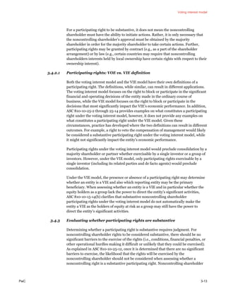 Voting interest model
PwC 3-13
For a participating right to be substantive, it does not mean the noncontrolling
shareholder must have the ability to initiate actions. Rather, it is only necessary that
the noncontrolling shareholder’s approval must be obtained by the majority
shareholder in order for the majority shareholder to take certain actions. Further,
participating rights may be granted by contract (e.g., as a part of the shareholder
arrangement) or by law (e.g., certain countries may require that noncontrolling
shareholders interests held by local ownership have certain rights with respect to their
ownership interest).
3.4.2.1 Participating rights: VOE vs. VIE definition
Both the voting interest model and the VIE model have their own definitions of a
participating right. The definitions, while similar, can result in different applications.
The voting interest model focuses on the right to block or participate in the significant
financial and operating decisions of the entity made in the ordinary course of
business, while the VIE model focuses on the right to block or participate in the
decisions that most significantly impact the VIE’s economic performance. In addition,
ASC 810-10-25-2 through 25-14 provides examples on what constitutes a participating
right under the voting interest model, however, it does not provide any examples on
what constitutes a participating right under the VIE model. Given these
circumstances, practice has developed where the two definitions can result in different
outcomes. For example, a right to veto the compensation of management would likely
be considered a substantive participating right under the voting interest model, while
it might not significantly impact the entity’s economic performance.
Participating rights under the voting interest model would preclude consolidation by a
majority shareholder or partner whether exercisable by a single investor or a group of
investors. However, under the VIE model, only participating rights exercisable by a
single investor (including its related parties and de facto agents) would preclude
consolidation.
Under the VIE model, the presence or absence of a participating right may determine
whether an entity is a VIE and also which reporting entity may be the primary
beneficiary. When assessing whether an entity is a VIE and in particular whether the
equity holders as a group lack the power to direct the entity’s significant activities,
ASC 810-10-15-14(b) clarifies that substantive noncontrolling shareholder
participating rights under the voting interest model do not automatically make the
entity a VIE as the holders of equity at risk as a group may still have the power to
direct the entity’s significant activities.
3.4.3 Evaluating whether participating rights are substantive
Determining whether a participating right is substantive requires judgment. For
noncontrolling shareholder rights to be considered substantive, there should be no
significant barriers to the exercise of the rights (i.e., conditions, financial penalties, or
other operational hurdles making it difficult or unlikely that they could be exercised).
As explained in ASC 810-10-25-12, once it is determined that there are no significant
barriers to exercise, the likelihood that the rights will be exercised by the
noncontrolling shareholder should not be considered when assessing whether a
noncontrolling right is a substantive participating right. Noncontrolling shareholder
 