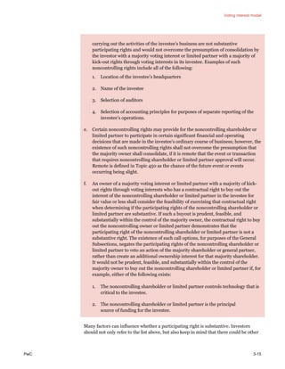 Voting interest model
PwC 3-15
carrying out the activities of the investee’s business are not substantive
participating rights and would not overcome the presumption of consolidation by
the investor with a majority voting interest or limited partner with a majority of
kick-out rights through voting interests in its investee. Examples of such
noncontrolling rights include all of the following:
1. Location of the investee’s headquarters
2. Name of the investee
3. Selection of auditors
4. Selection of accounting principles for purposes of separate reporting of the
investee’s operations.
e. Certain noncontrolling rights may provide for the noncontrolling shareholder or
limited partner to participate in certain significant financial and operating
decisions that are made in the investee’s ordinary course of business; however, the
existence of such noncontrolling rights shall not overcome the presumption that
the majority owner shall consolidate, if it is remote that the event or transaction
that requires noncontrolling shareholder or limited partner approval will occur.
Remote is defined in Topic 450 as the chance of the future event or events
occurring being slight.
f. An owner of a majority voting interest or limited partner with a majority of kick-
out rights through voting interests who has a contractual right to buy out the
interest of the noncontrolling shareholder or limited partner in the investee for
fair value or less shall consider the feasibility of exercising that contractual right
when determining if the participating rights of the noncontrolling shareholder or
limited partner are substantive. If such a buyout is prudent, feasible, and
substantially within the control of the majority owner, the contractual right to buy
out the noncontrolling owner or limited partner demonstrates that the
participating right of the noncontrolling shareholder or limited partner is not a
substantive right. The existence of such call options, for purposes of the General
Subsections, negates the participating rights of the noncontrolling shareholder or
limited partner to veto an action of the majority shareholder or general partner,
rather than create an additional ownership interest for that majority shareholder.
It would not be prudent, feasible, and substantially within the control of the
majority owner to buy out the noncontrolling shareholder or limited partner if, for
example, either of the following exists:
1. The noncontrolling shareholder or limited partner controls technology that is
critical to the investee.
2. The noncontrolling shareholder or limited partner is the principal
source of funding for the investee.
Many factors can influence whether a participating right is substantive. Investors
should not only refer to the list above, but also keep in mind that there could be other
 