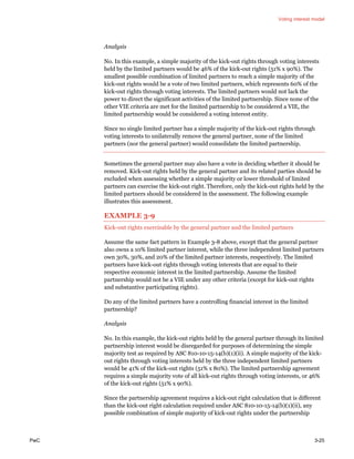 Voting interest model
PwC 3-25
Analysis
No. In this example, a simple majority of the kick-out rights through voting interests
held by the limited partners would be 46% of the kick-out rights (51% x 90%). The
smallest possible combination of limited partners to reach a simple majority of the
kick-out rights would be a vote of two limited partners, which represents 60% of the
kick-out rights through voting interests. The limited partners would not lack the
power to direct the significant activities of the limited partnership. Since none of the
other VIE criteria are met for the limited partnership to be considered a VIE, the
limited partnership would be considered a voting interest entity.
Since no single limited partner has a simple majority of the kick-out rights through
voting interests to unilaterally remove the general partner, none of the limited
partners (nor the general partner) would consolidate the limited partnership.
Sometimes the general partner may also have a vote in deciding whether it should be
removed. Kick-out rights held by the general partner and its related parties should be
excluded when assessing whether a simple majority or lower threshold of limited
partners can exercise the kick-out right. Therefore, only the kick-out rights held by the
limited partners should be considered in the assessment. The following example
illustrates this assessment.
EXAMPLE 3-9
Kick-out rights exercisable by the general partner and the limited partners
Assume the same fact pattern in Example 3-8 above, except that the general partner
also owns a 10% limited partner interest, while the three independent limited partners
own 30%, 30%, and 20% of the limited partner interests, respectively. The limited
partners have kick-out rights through voting interests that are equal to their
respective economic interest in the limited partnership. Assume the limited
partnership would not be a VIE under any other criteria (except for kick-out rights
and substantive participating rights).
Do any of the limited partners have a controlling financial interest in the limited
partnership?
Analysis
No. In this example, the kick-out rights held by the general partner through its limited
partnership interest would be disregarded for purposes of determining the simple
majority test as required by ASC 810-10-15-14(b)(1)(ii). A simple majority of the kick-
out rights through voting interests held by the three independent limited partners
would be 41% of the kick-out rights (51% x 80%). The limited partnership agreement
requires a simple majority vote of all kick-out rights through voting interests, or 46%
of the kick-out rights (51% x 90%).
Since the partnership agreement requires a kick-out right calculation that is different
than the kick-out right calculation required under ASC 810-10-15-14(b)(1)(ii), any
possible combination of simple majority of kick-out rights under the partnership
 