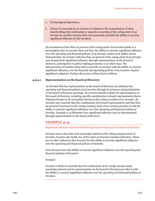 Equity method of accounting
PwC 4-25
e. Technological dependency
f. Extent of ownership by an investor in relation to the concentration of other
shareholdings (but substantial or majority ownership of the voting stock of an
investee by another investor does not necessarily preclude the ability to exercise
significant influence by the investor).
An investment of less than 20 percent of the voting stock of an investee leads to a
presumption that an investor does not have the ability to exercise significant influence
over the operating and financial policies of an investee, unless such ability can be
demonstrated. An investor with less than 20 percent of the voting stock of an investee
may demonstrate significant influence through representation on the board of
directors, participation in policy-making processes, or in other ways. The
determination of whether these factors provide an investor with the ability to exercise
significant influence over the financial and operating policies of an investee requires
significant judgment. Further discussion of these factors follows.
4.3.2.1 Representation on the board of directors
An investor that has representation on the board of directors can influence the
operating and financial policies of an investee through its presence and participation
at the board of directors meetings. An investor should evaluate its representation on
the board of directors, including specific consideration to board representation that is
disproportionate to its ownership interest in the voting securities of an investor. An
investor may conclude that the combination of its board representation and less than
20 percent investment in the voting common stock of an investee provides it with the
ability to exercise significant influence over the operating and financial policies of
investee. Example 4-14 illustrates how significant influence may be demonstrated
through representation on the board of directors.
EXAMPLE 4-14
Significant influence demonstrated through representation on the board of directors
Investor owns a less than 20% ownership interest in the voting common stock of
Investee. Investor also holds one of five seats on Investee’s board of directors. There
are no other indicators that Investor has the ability to exercise significant influence
over the operating and financial policies of Investee.
Does Investor have the ability to exercise significant influence over the operating and
financial policies of Investee?
Analysis
Investor is likely to conclude that the combination of its voting common stock
ownership interest and its representation on the board of directors provides it with
the ability to exercise significant influence over the operating and financial policies of
Investee.
 