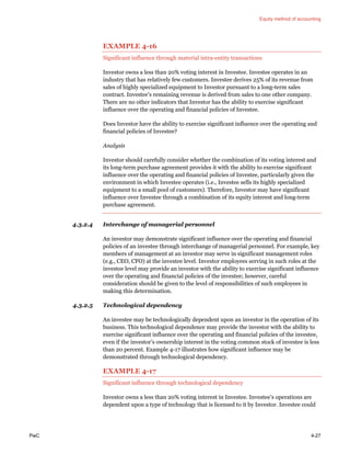 Equity method of accounting
PwC 4-27
EXAMPLE 4-16
Significant influence through material intra-entity transactions
Investor owns a less than 20% voting interest in Investee. Investee operates in an
industry that has relatively few customers. Investee derives 25% of its revenue from
sales of highly specialized equipment to Investor pursuant to a long-term sales
contract. Investee’s remaining revenue is derived from sales to one other company.
There are no other indicators that Investor has the ability to exercise significant
influence over the operating and financial policies of Investee.
Does Investor have the ability to exercise significant influence over the operating and
financial policies of Investee?
Analysis
Investor should carefully consider whether the combination of its voting interest and
its long-term purchase agreement provides it with the ability to exercise significant
influence over the operating and financial policies of Investee, particularly given the
environment in which Investee operates (i.e., Investee sells its highly specialized
equipment to a small pool of customers). Therefore, Investor may have significant
influence over Investee through a combination of its equity interest and long-term
purchase agreement.
4.3.2.4 Interchange of managerial personnel
An investor may demonstrate significant influence over the operating and financial
policies of an investee through interchange of managerial personnel. For example, key
members of management at an investor may serve in significant management roles
(e.g., CEO, CFO) at the investee level. Investor employees serving in such roles at the
investee level may provide an investor with the ability to exercise significant influence
over the operating and financial policies of the investee; however, careful
consideration should be given to the level of responsibilities of such employees in
making this determination.
4.3.2.5 Technological dependency
An investee may be technologically dependent upon an investor in the operation of its
business. This technological dependence may provide the investor with the ability to
exercise significant influence over the operating and financial policies of the investee,
even if the investor’s ownership interest in the voting common stock of investee is less
than 20 percent. Example 4-17 illustrates how significant influence may be
demonstrated through technological dependency.
EXAMPLE 4-17
Significant influence through technological dependency
Investor owns a less than 20% voting interest in Investee. Investee’s operations are
dependent upon a type of technology that is licensed to it by Investor. Investee could
 